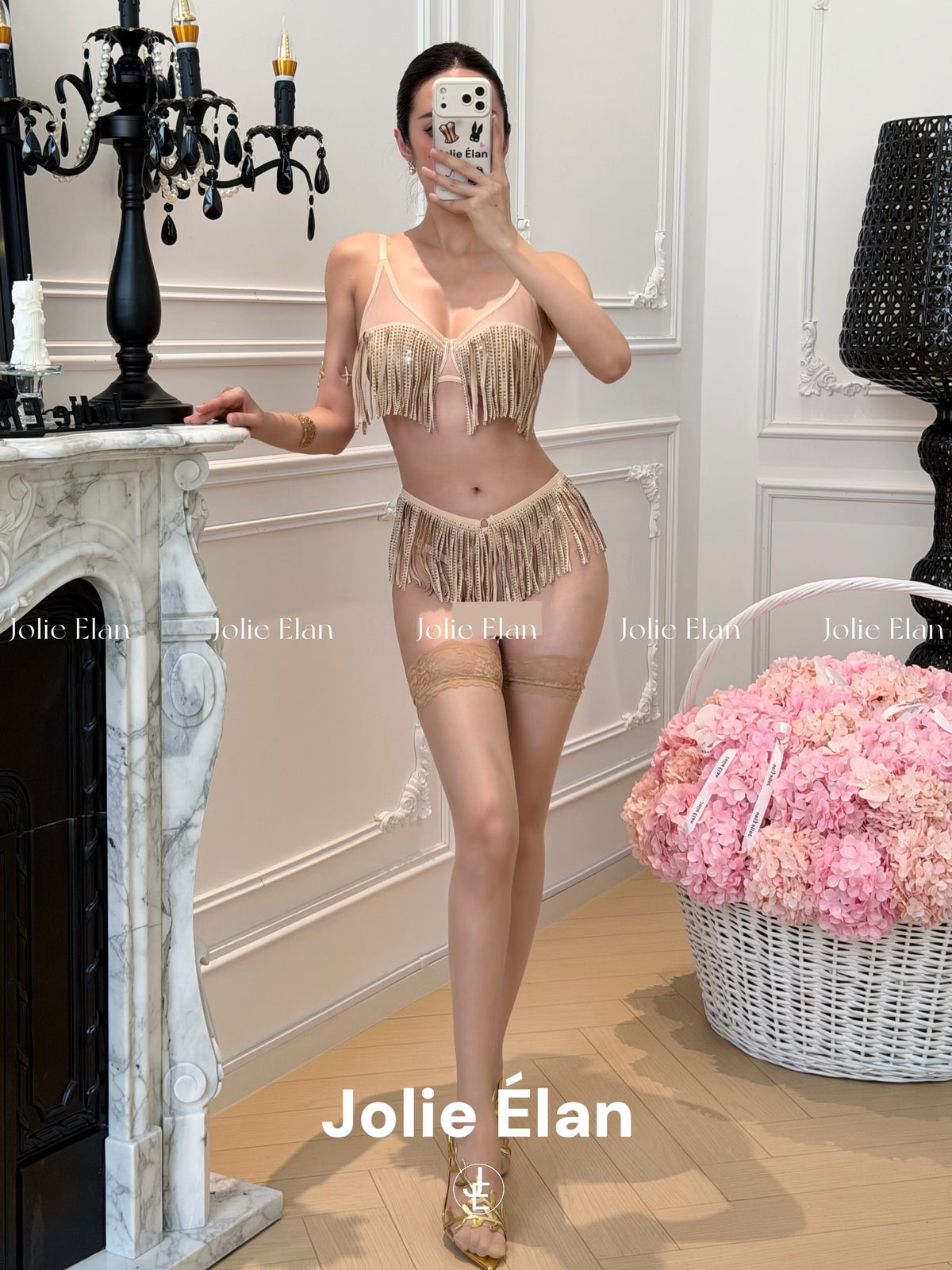 JolieElan · Starfall Quicksand · French Royal Sister Sexy Sequins Tassel Mesh Perspective Underwear Set