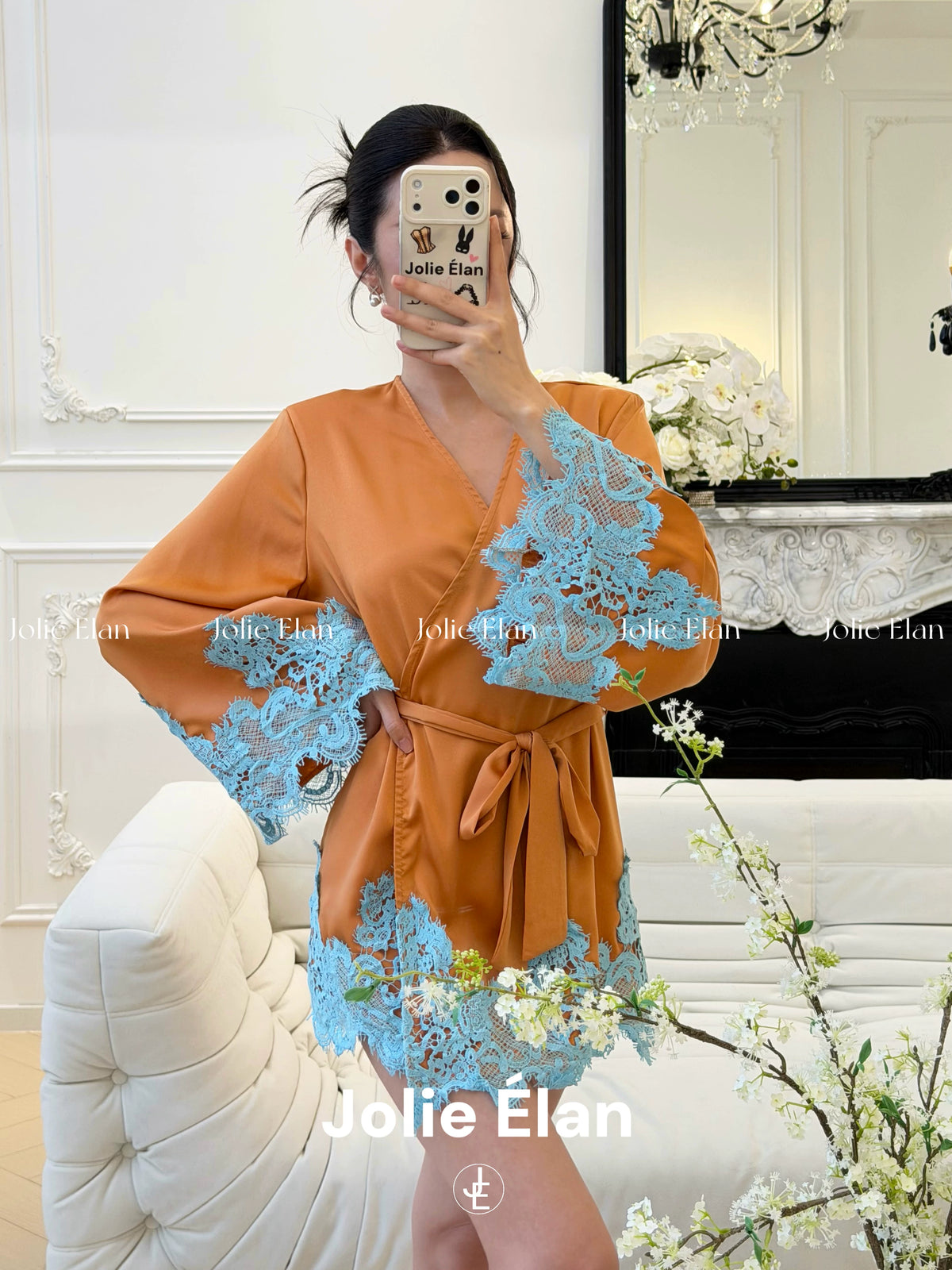 JolieElan · South France Holiday · French Lazy Lace Contrast Color Deep V Skinny Lace-Up Premium Gown Pajamas