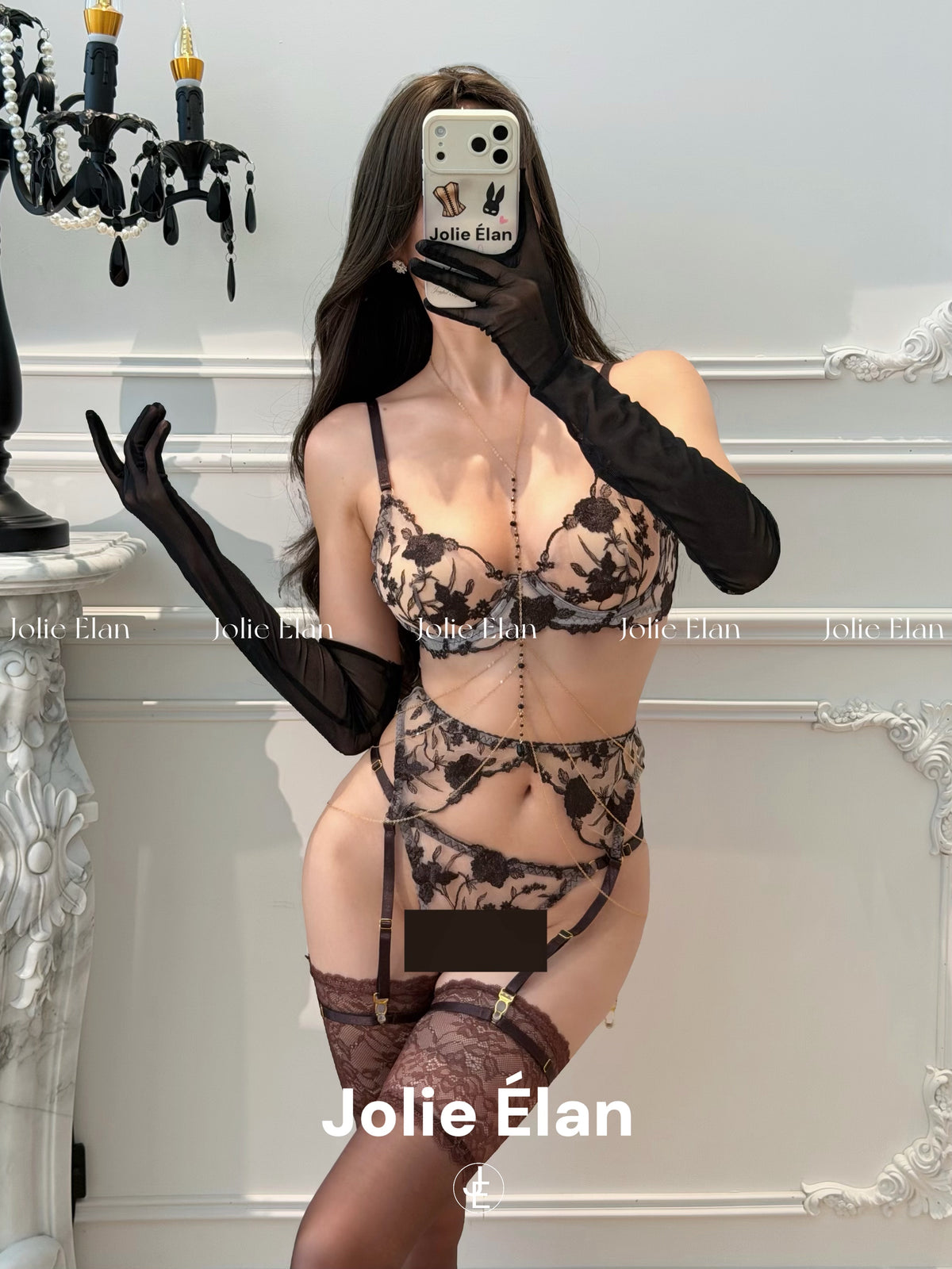 JolieElan · Love Black Qiao · Brown Rose French Sexy Embroidery Perspective Premium Underwear Set