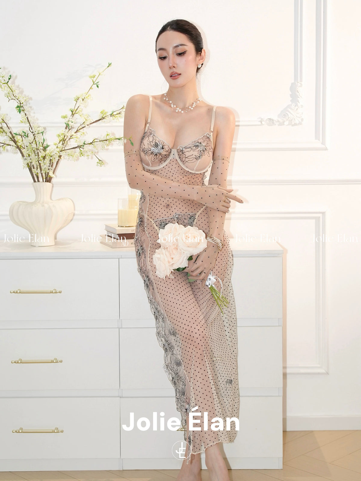 JolieElan · Dreaming of Dreams · Sexy Royal Sister Polka Dot Embroidery Perspective Slits Premium Underwear Set