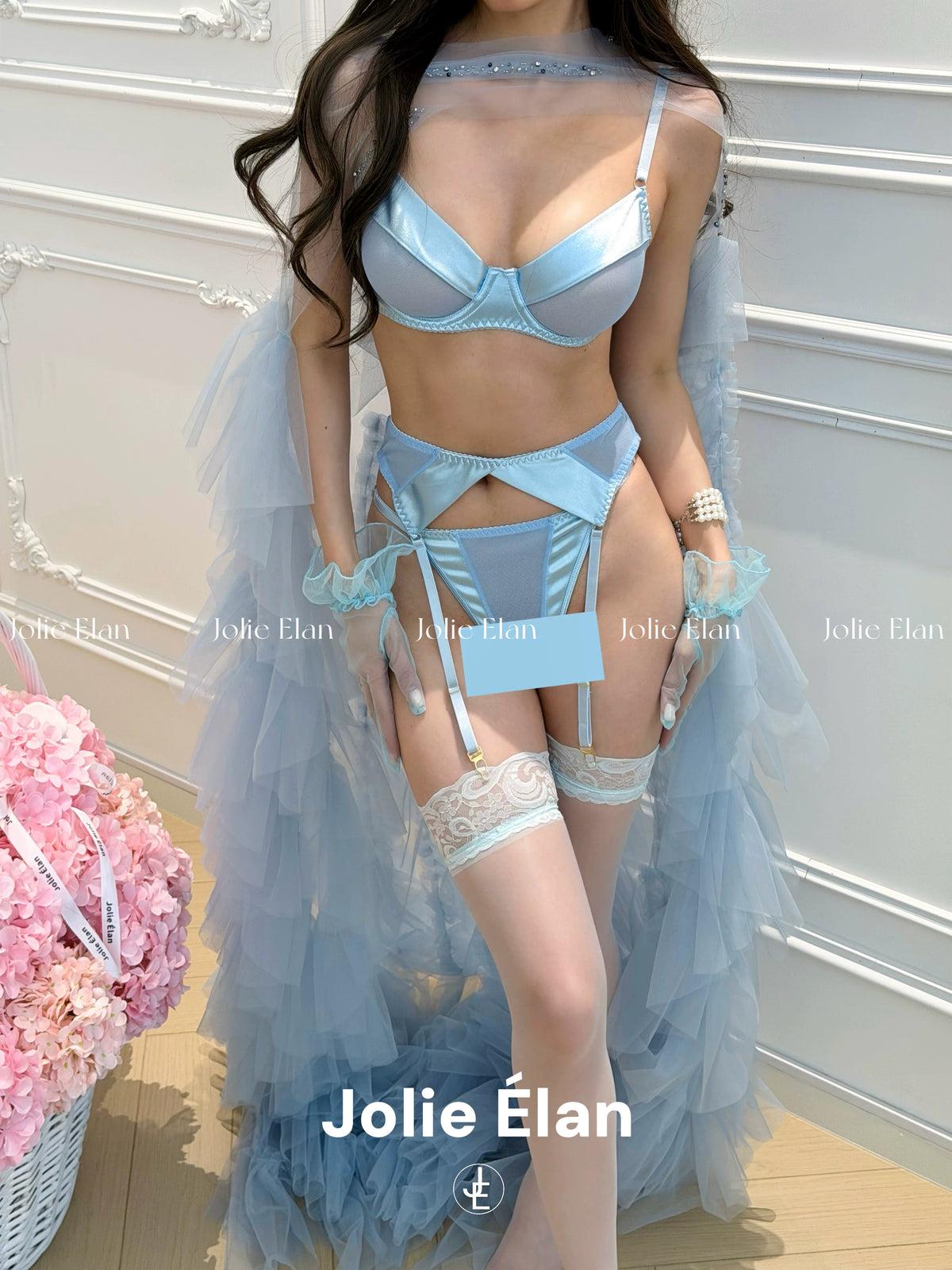 JolieElan · Fuchun Ruomeng · French Sexy Blue Mesh Perspective Premium Atmosphere Underwear Set