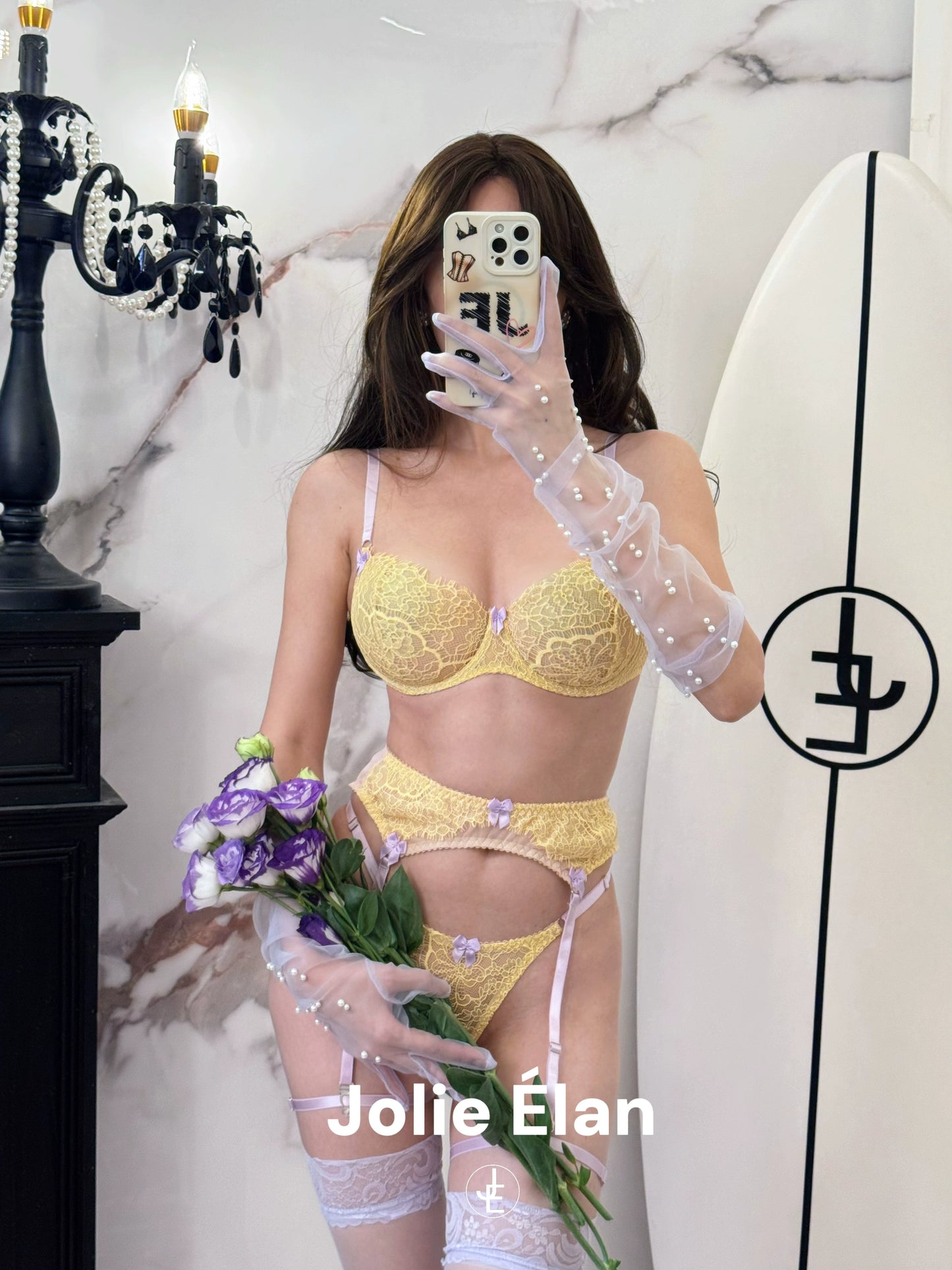 JolieElan · South France Holiday · French Lace Yellow Suspender Sexy Perspective Premium Lingerie Set