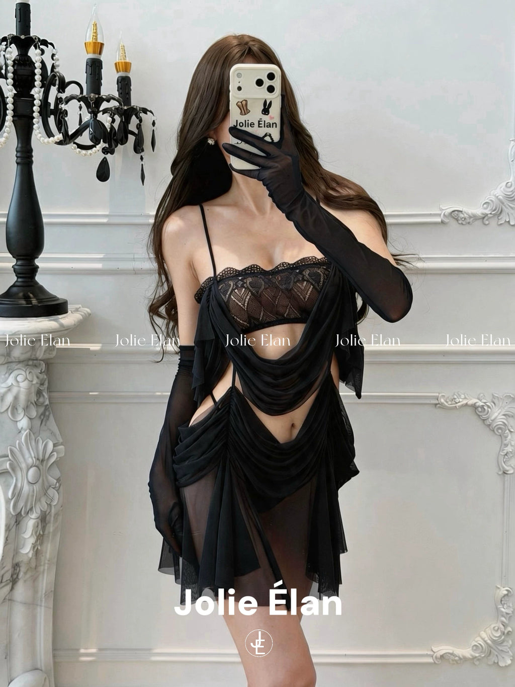 JolieElan · Full Sister · Sexy Dark Blue Lace Perspective Premium French One-piece Lingerie Set