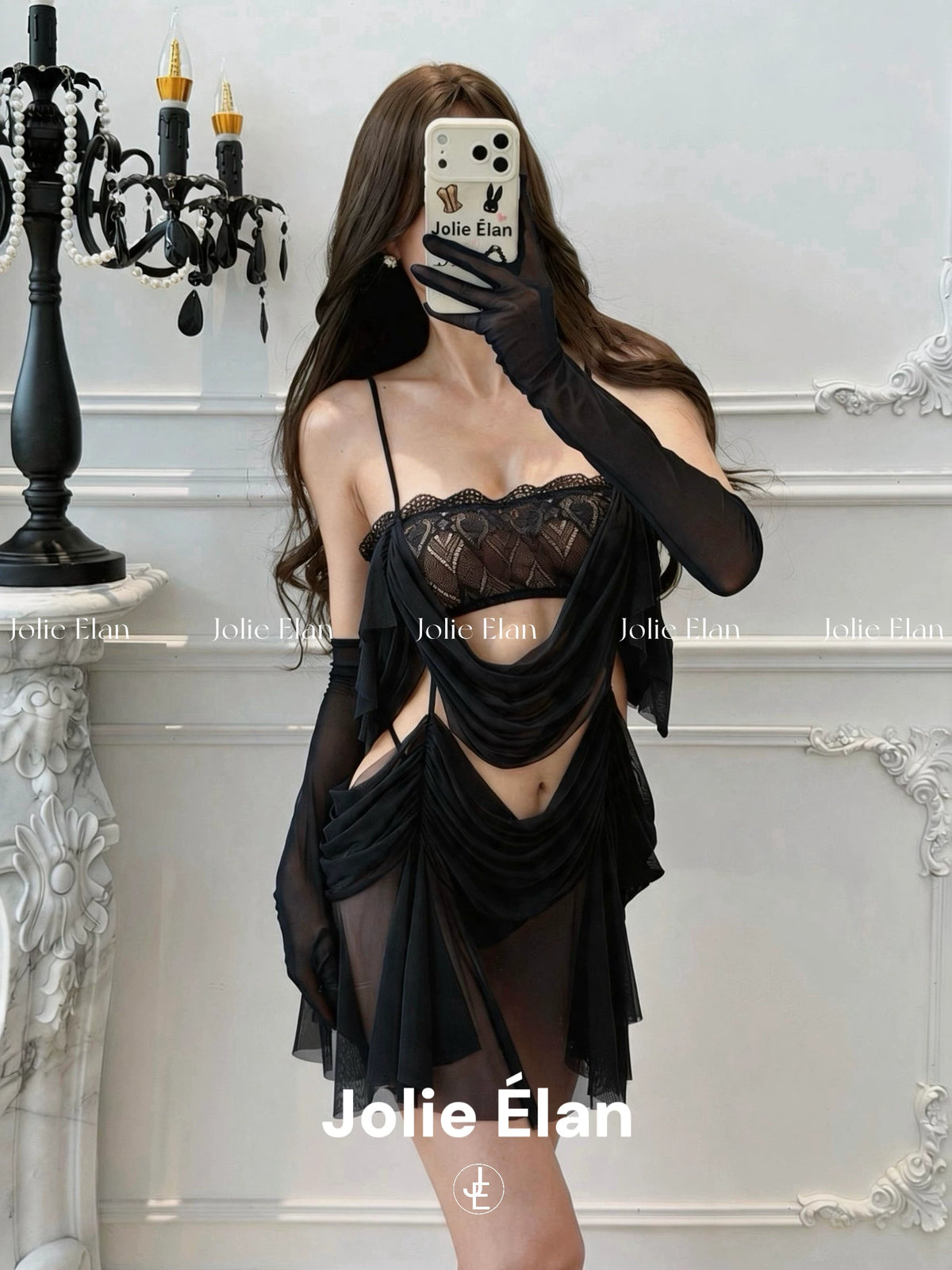 JolieElan · Full Sister · Sexy Dark Blue Lace Perspective Premium French One-piece Lingerie Set
