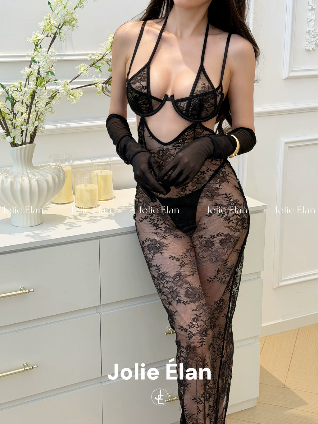 JolieElan · Love Rises · French Sexy Royal Sister Lace Perspective Suspender Long Dress Underwear Set