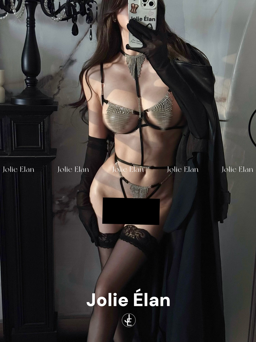 JolieElan · Cleopatra · Sexy fringed rhinestone chain hollowed out gathering flash qq underwear set