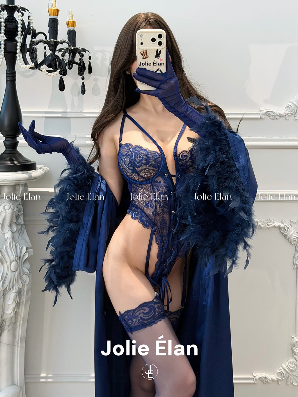 JolieElan · One Look Down · Sexy Lace Strap Perspective Premium French Blue One-Piece Lingerie Set