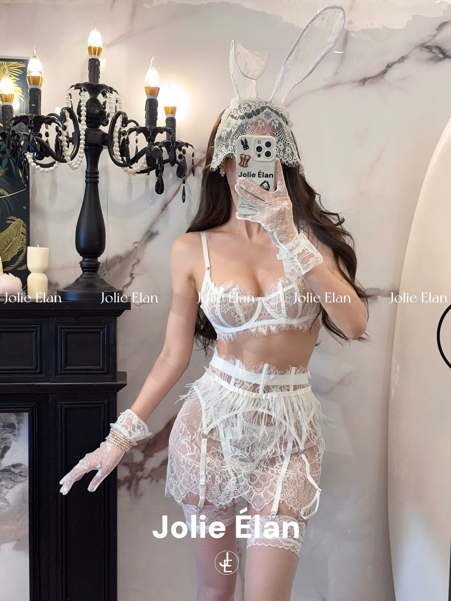 JolieElan · Good Night Party · Halloween Heavy Industry Lace Perspective Slim French Sexy Lingerie Set