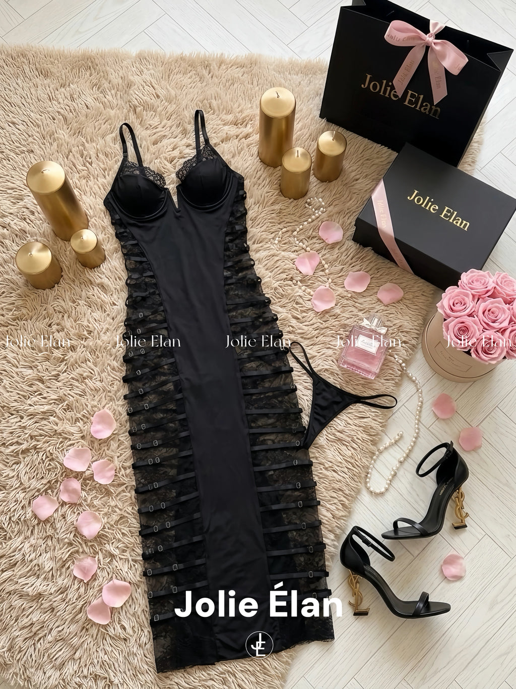 JolieElan · Little Black Dress · Sexy Royal Sister Deep V Lace Strap Skinny Premium Nightdress Underwear Set