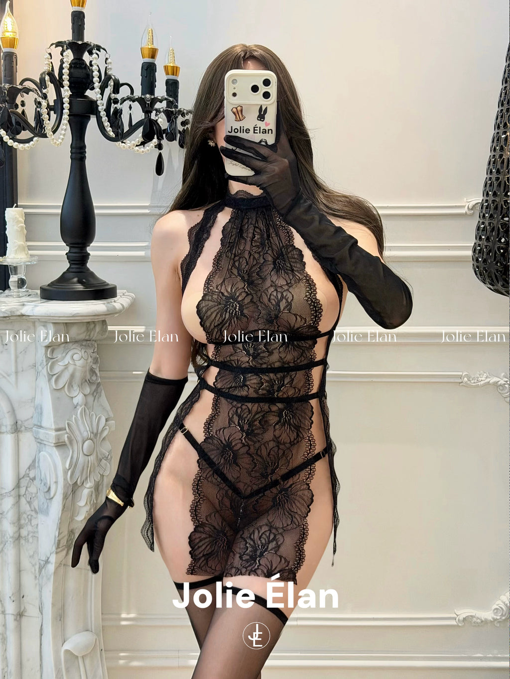 JolieElan · Sister Haoyu · Sexy lace perspective split fork hollow French dating one-piece underwear cover
