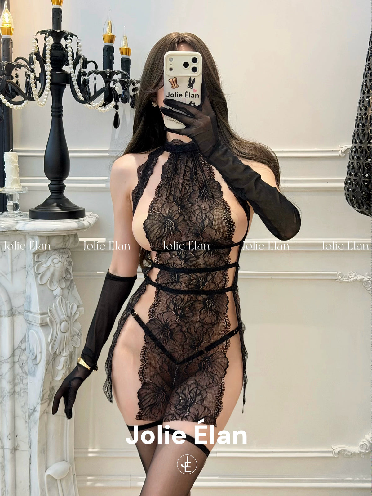 JolieElan · Sister Haoyu · Sexy lace perspective split fork hollow French dating one-piece underwear cover