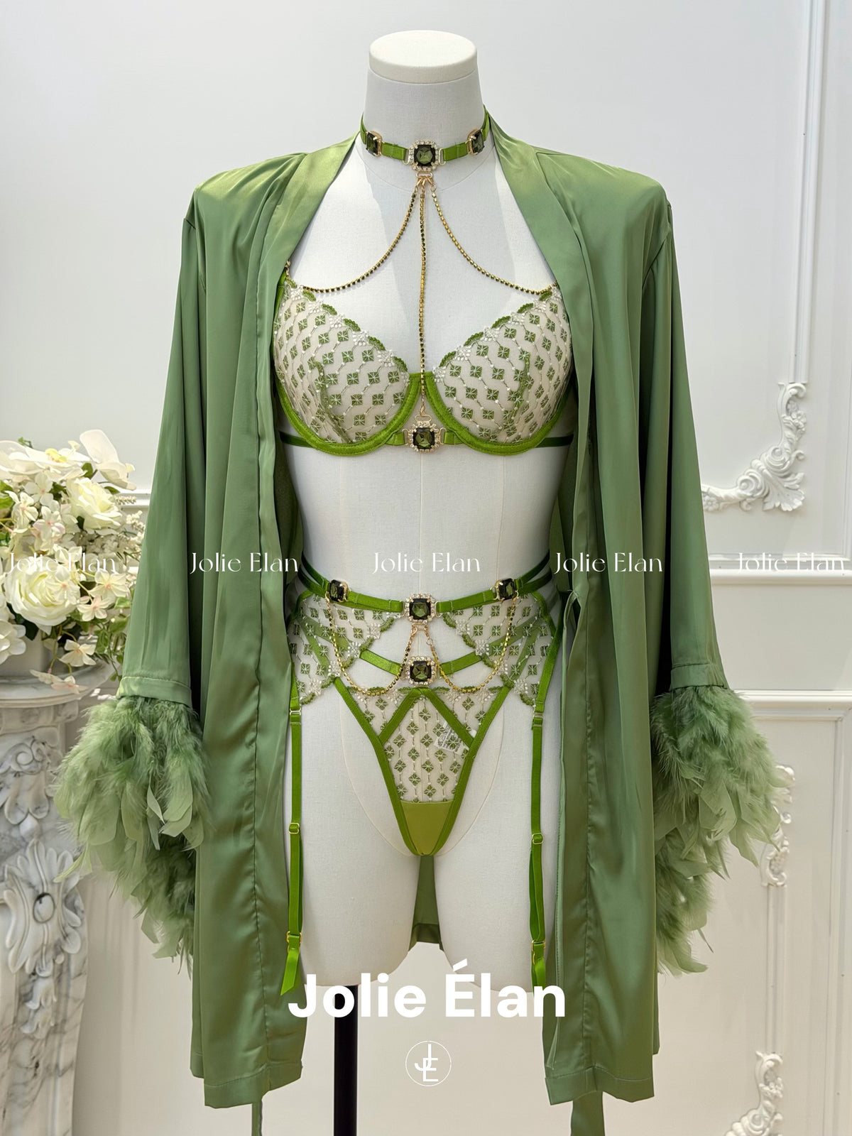 JolieElan Princess Jasmine French Sexy Luxury Gem Chain Embroidered Perspective Underwear Set