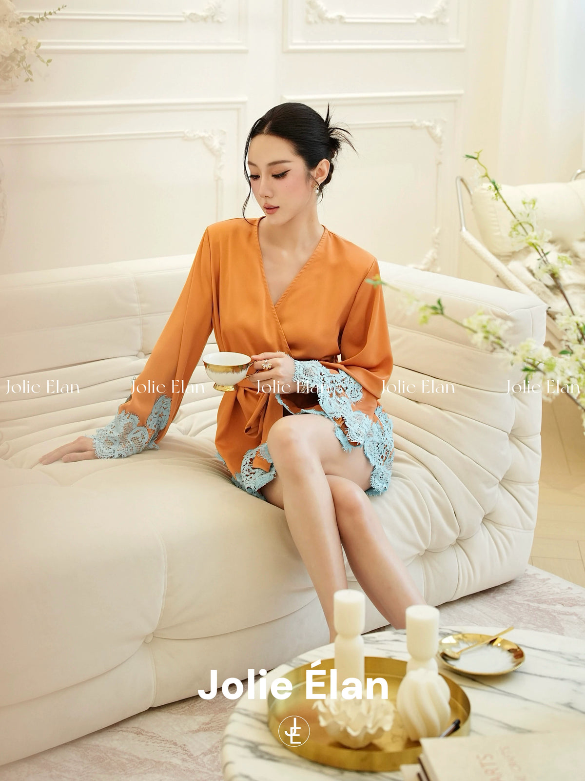 JolieElan · South France Holiday · French Lazy Lace Contrast Color Deep V Skinny Lace-Up Premium Gown Pajamas