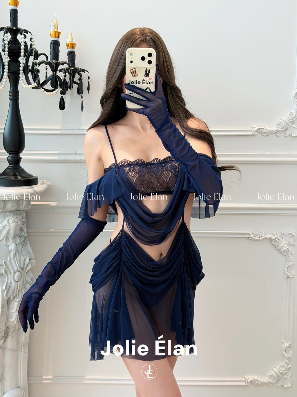 JolieElan · Full Sister · Sexy Dark Blue Lace Perspective Premium French One-piece Lingerie Set