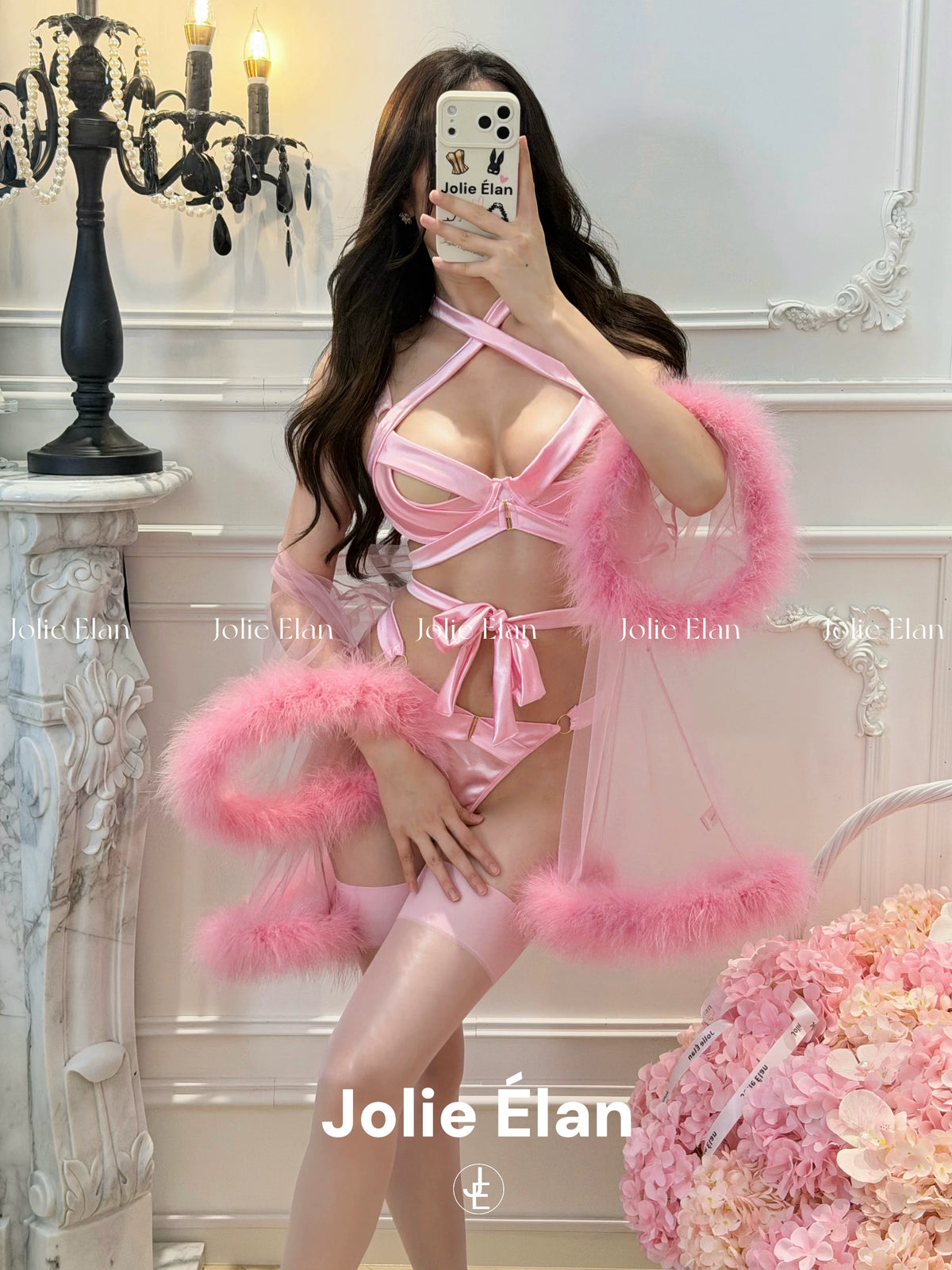 JolieElan · High Sweet Warning · French Sexy Pink Hollow Strap Couple Premium Underwear Set