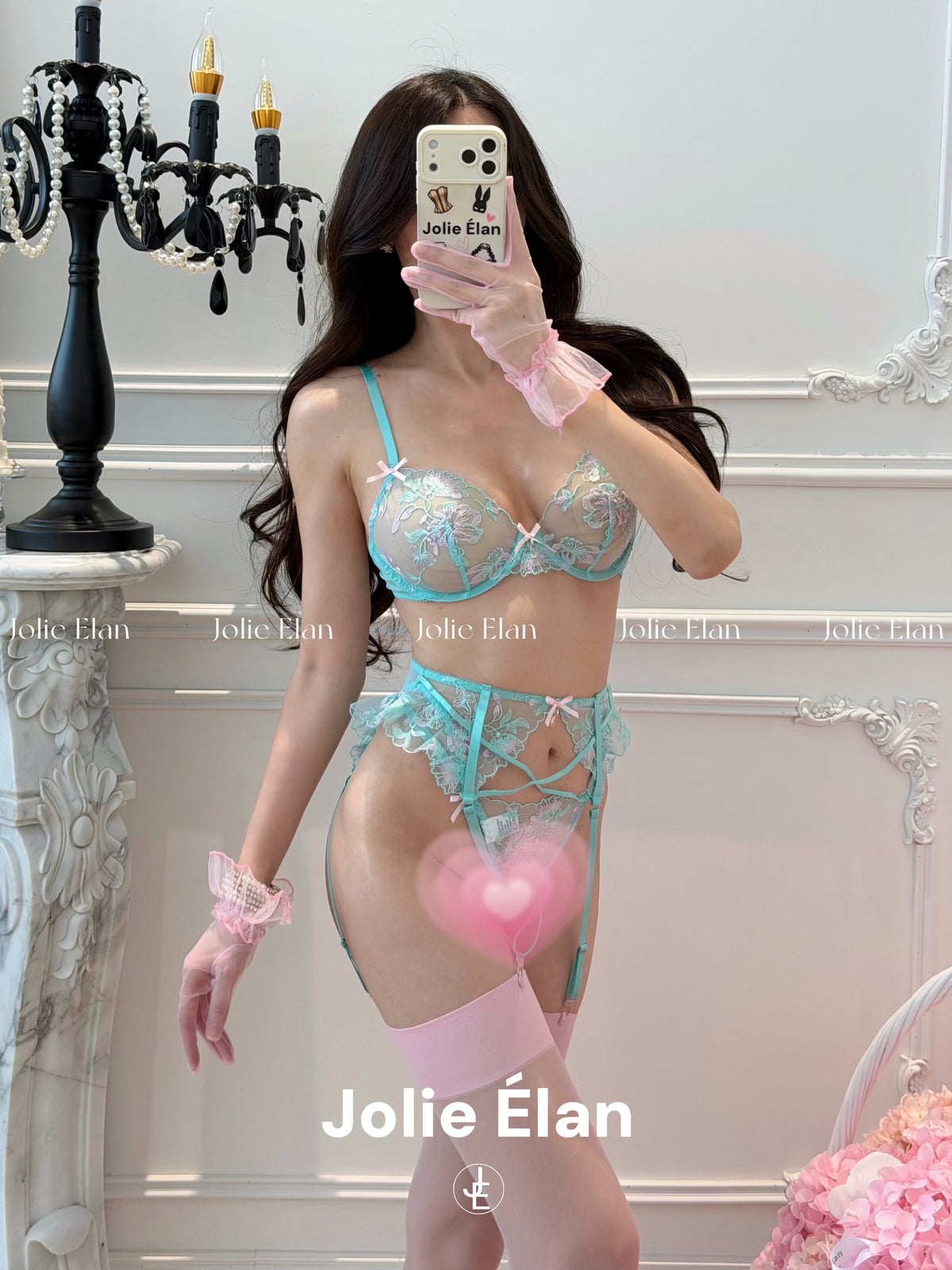 JolieElan Tiffany Breakfast Mint Green French Sexy Mesh Perspective Premium Underwear Set
