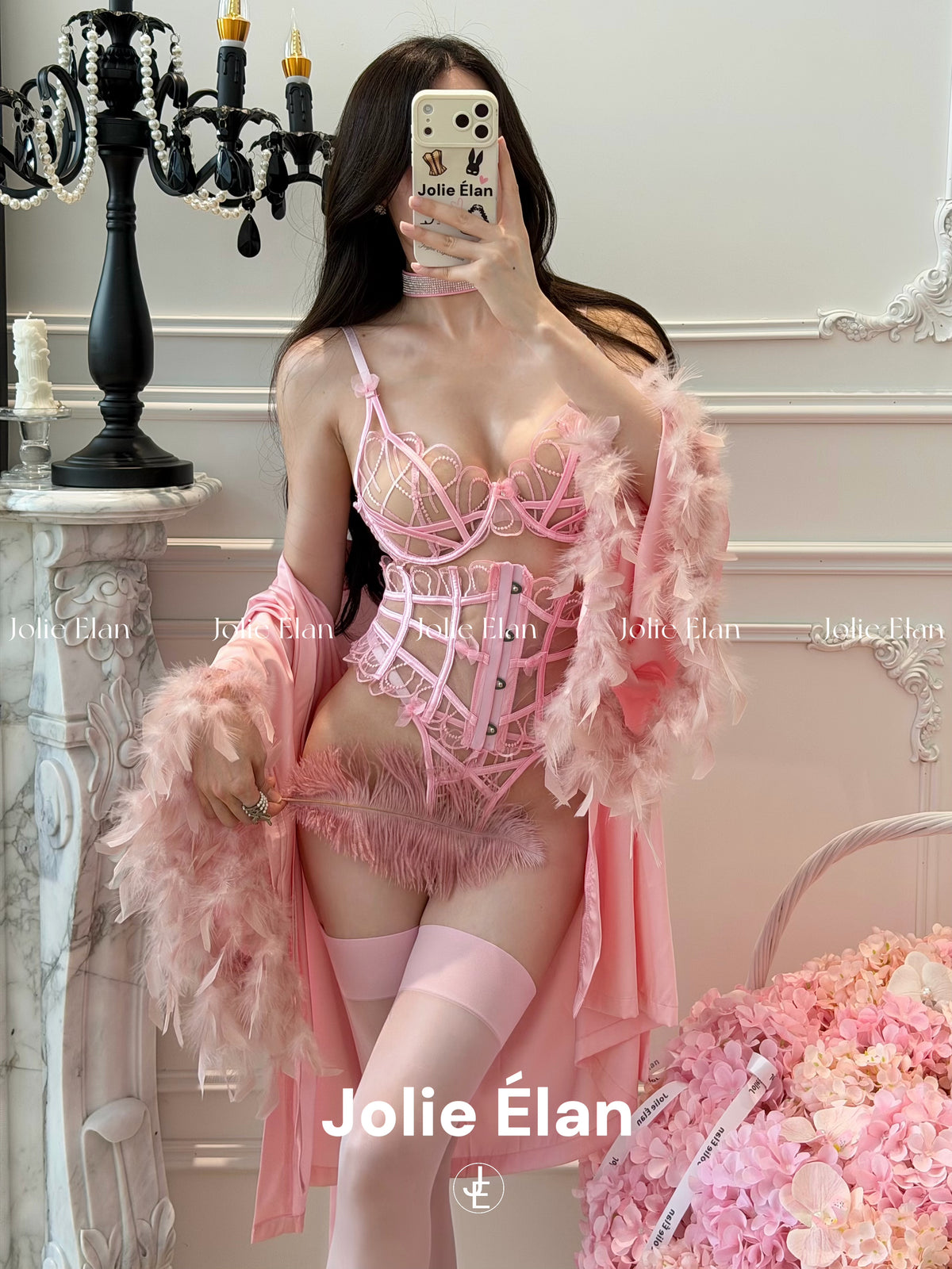 JolieElan · Sugar Heart Storm · French Sexy Pink Mesh Perspective Waist Premium Underwear Set