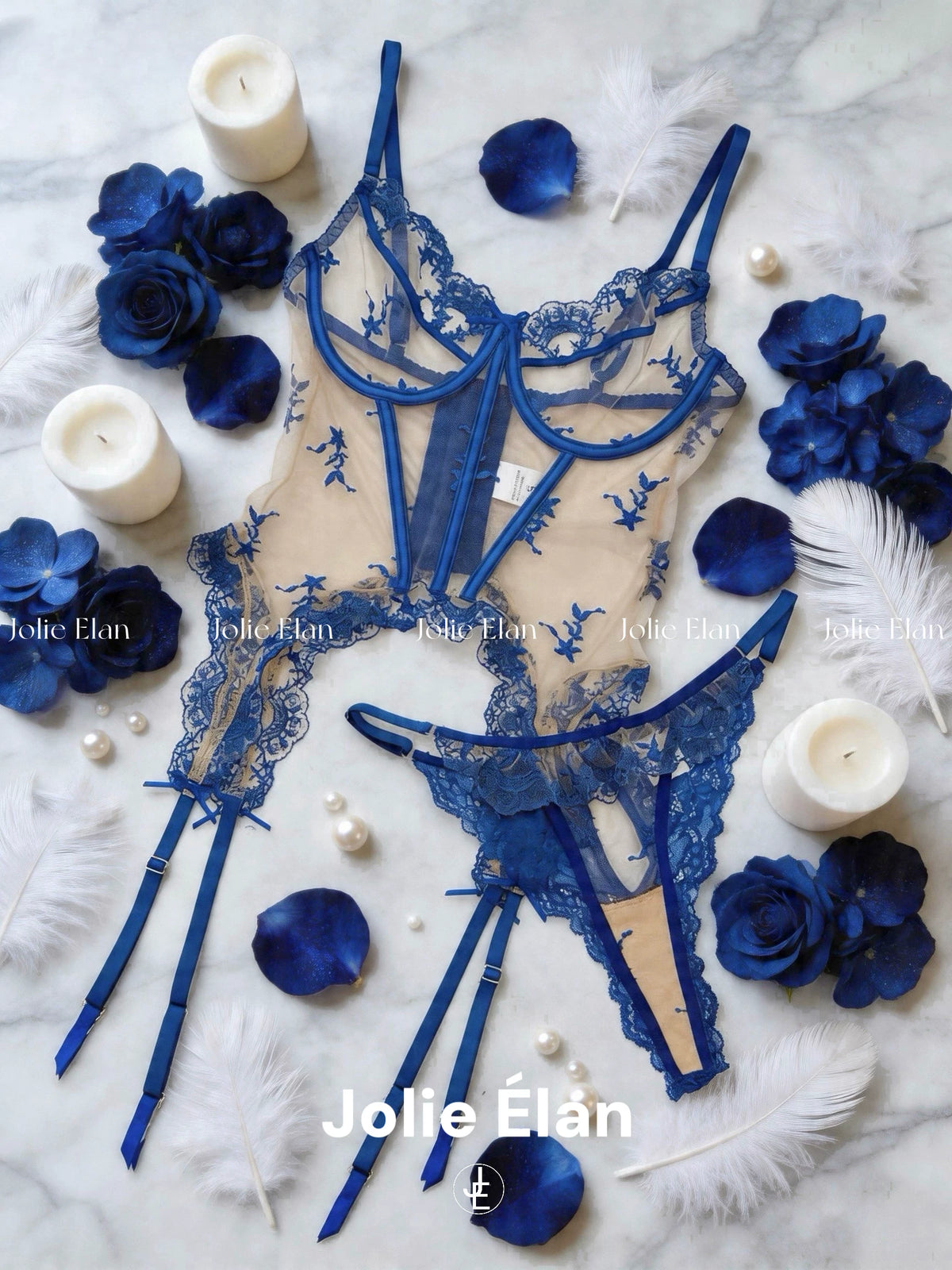 JolieElan · Blueberry Muse · French Sexy Blue Flower Embroidery Mesh Perspective Shapewear Set