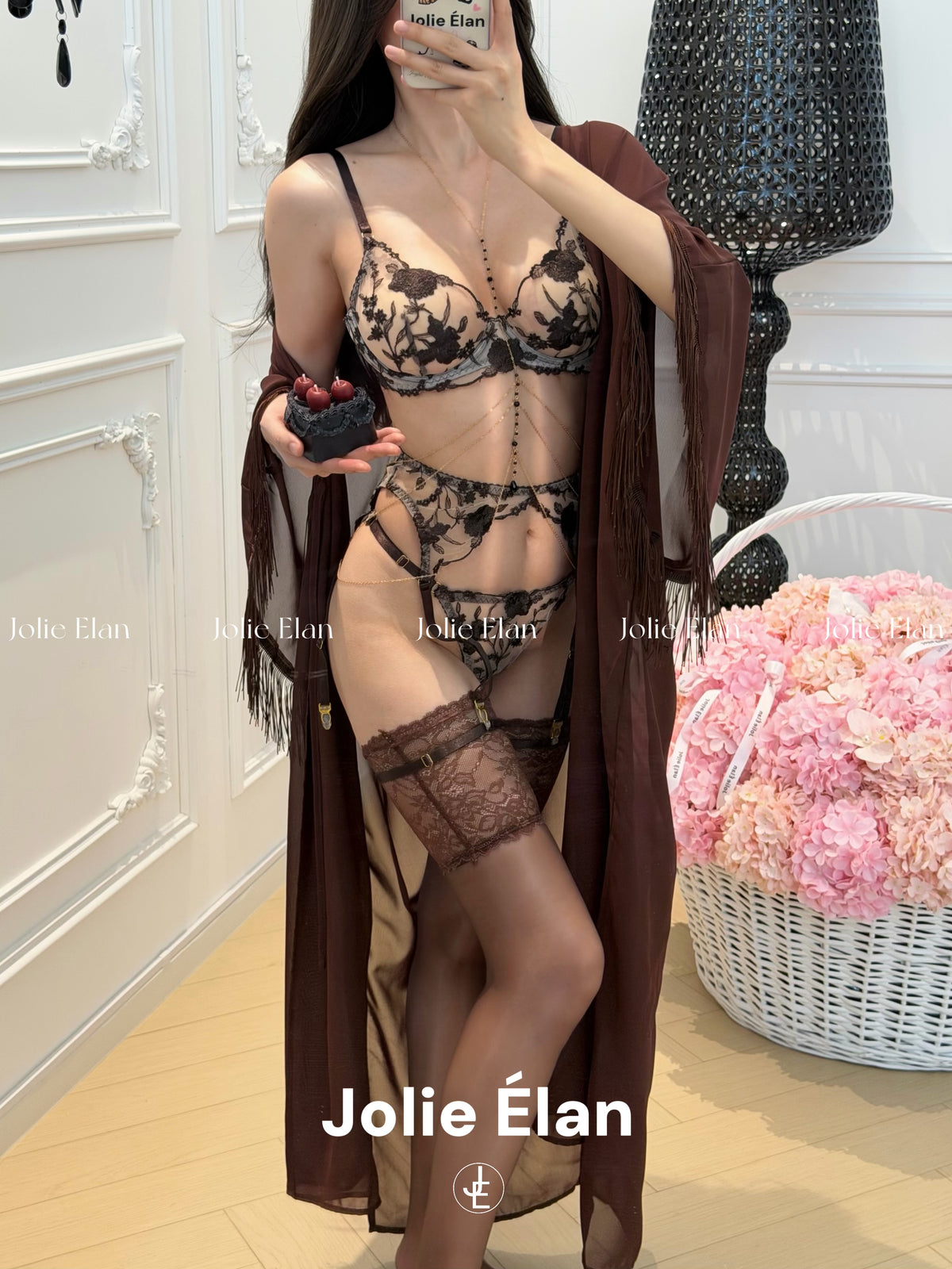 JolieElan · Love Black Qiao · Brown Rose French Sexy Embroidery Perspective Premium Underwear Set
