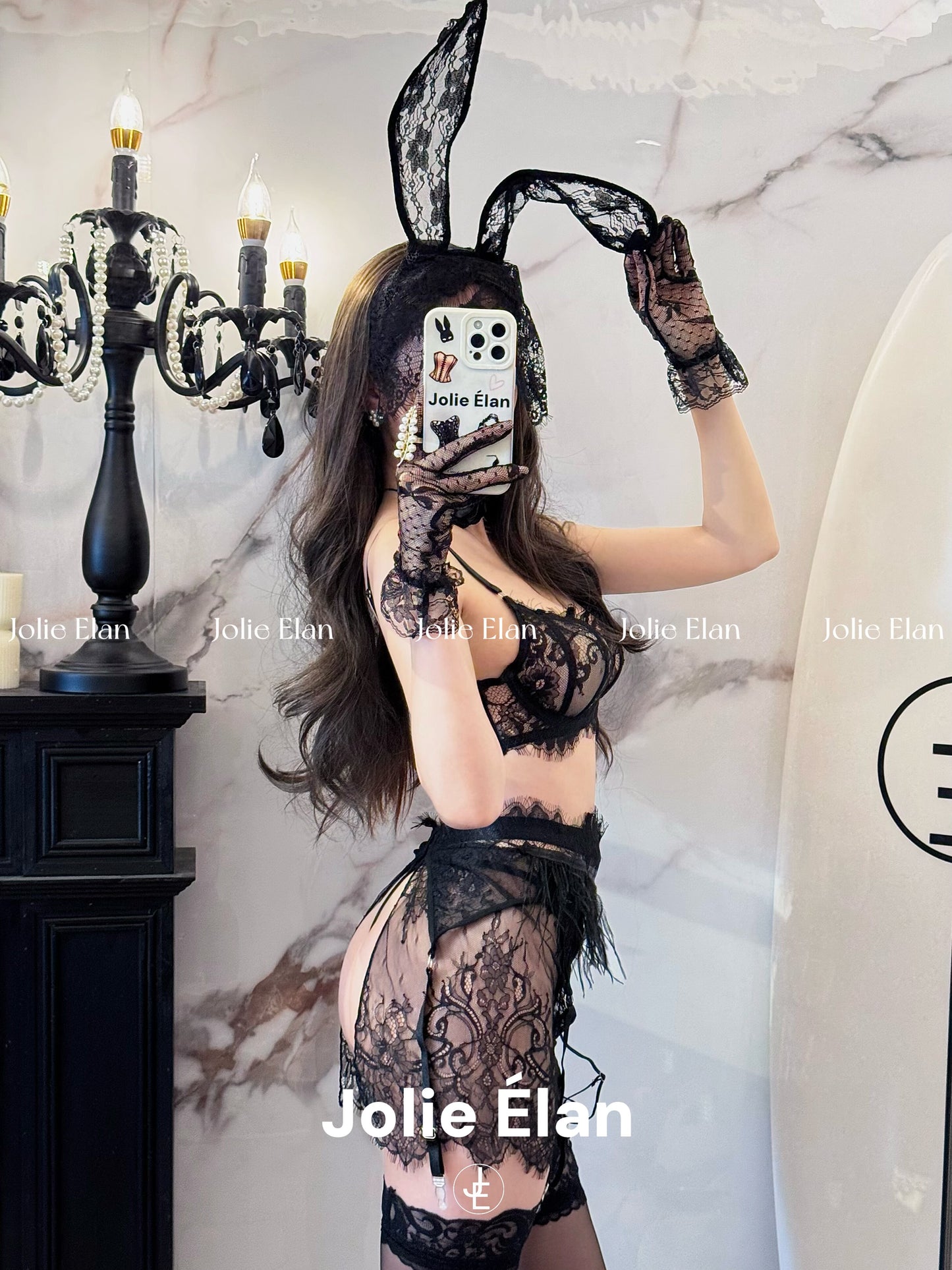 JolieElan · Good Night Party · Halloween Heavy Industry Lace Perspective Slim French Sexy Lingerie Set