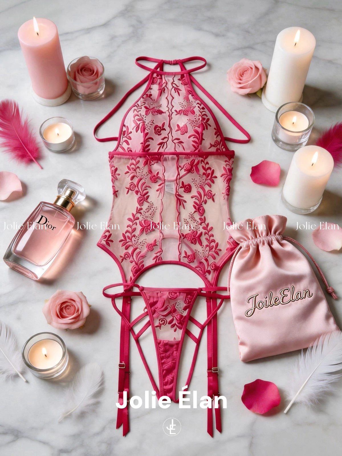 JolieElan · Rose Covenant · French Sexy Royal Sister Lace Embroidery Perspective Skinny Underwear Set