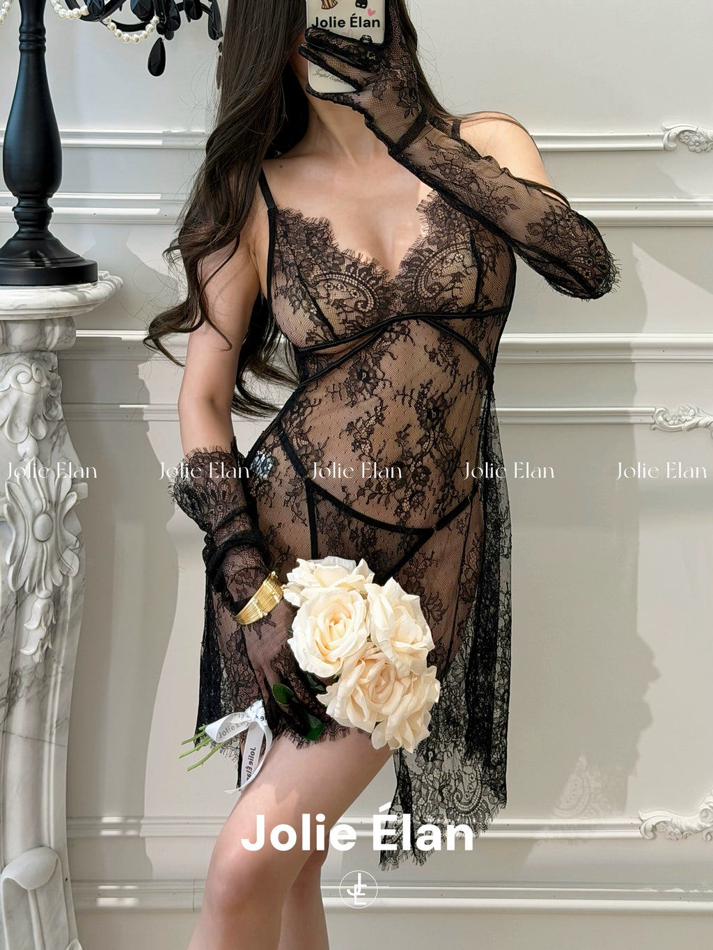 JolieElan · Summer Night Dreams · Pure Lace Straps Hollow Slits Suspender Dress Through Yarn Temptation