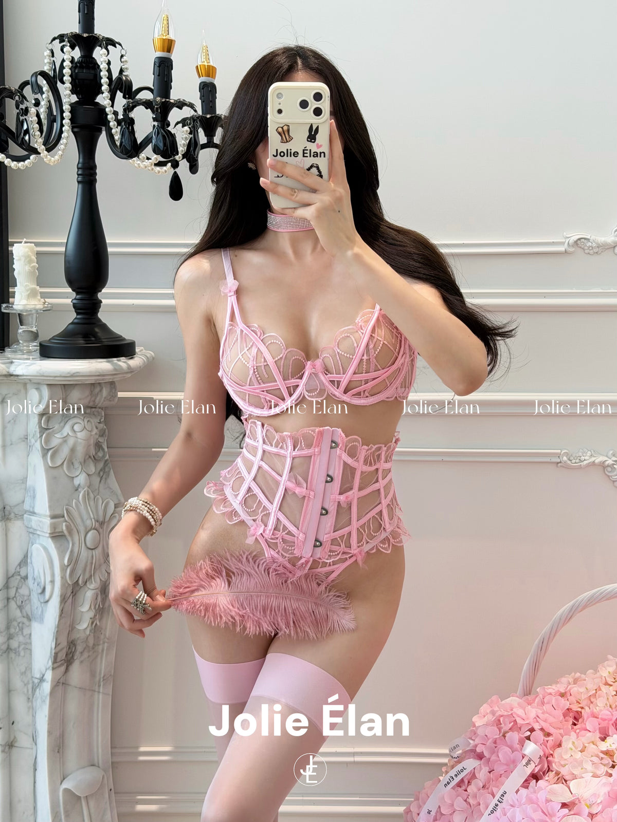 JolieElan · Sugar Heart Storm · French Sexy Pink Mesh Perspective Waist Premium Underwear Set