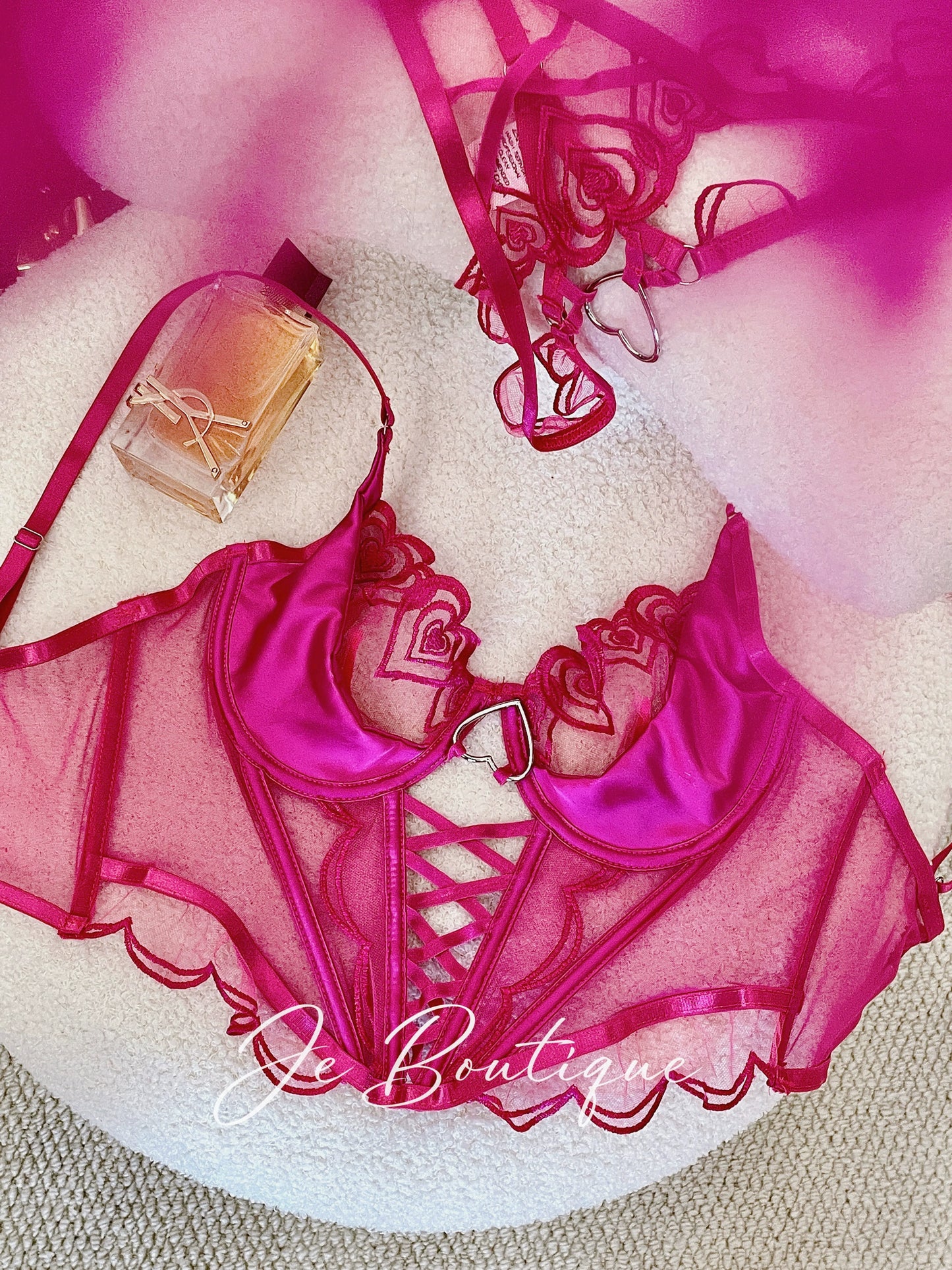 JolieElan · Peach Yaoyao · ins Lace mesh embroidery body sculpting sexy perspective underwear set