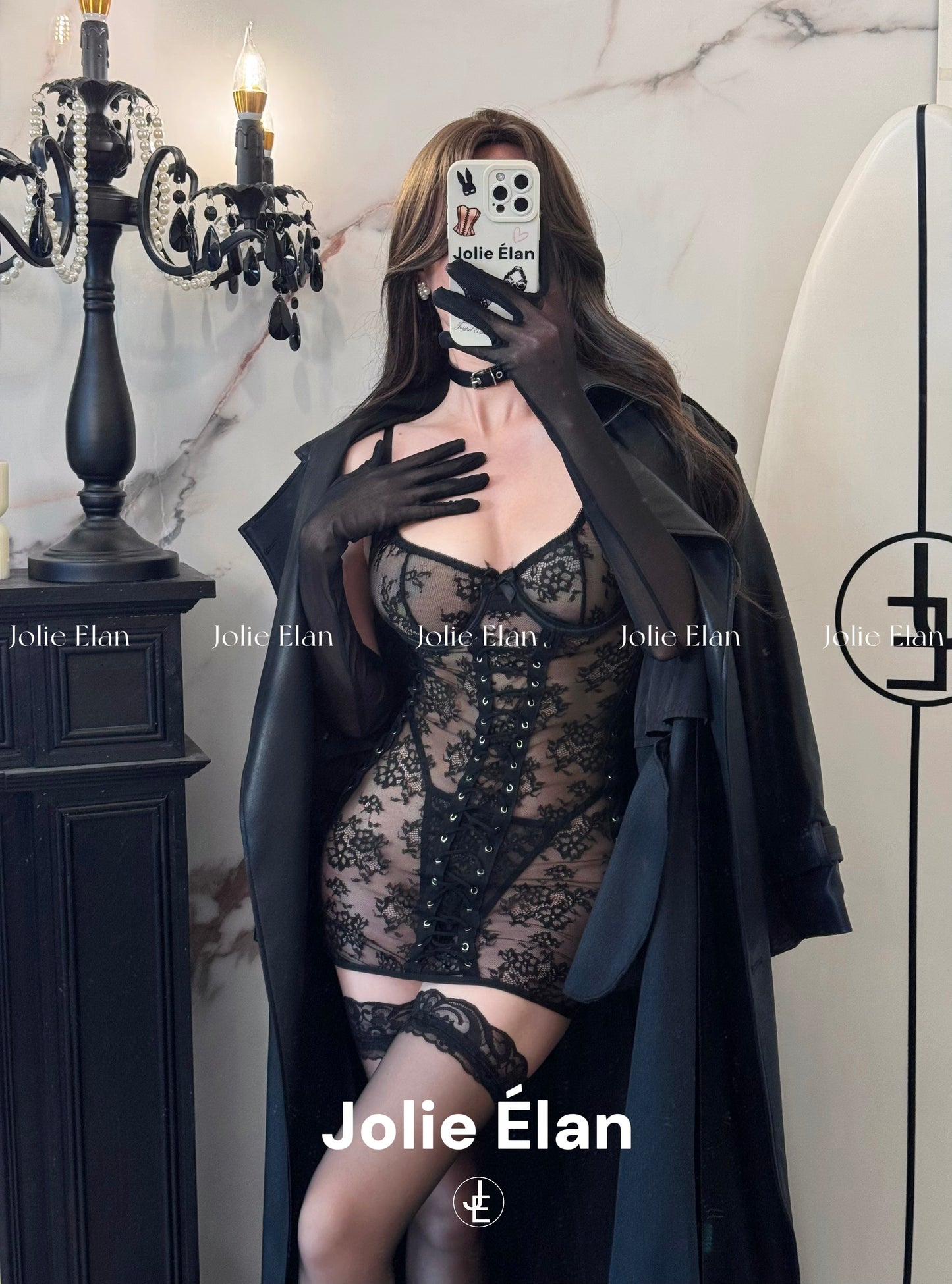 JolieElan Smith Couple Sexy Lace Perspective Cross Strap Tight Gathering Lingerie Set