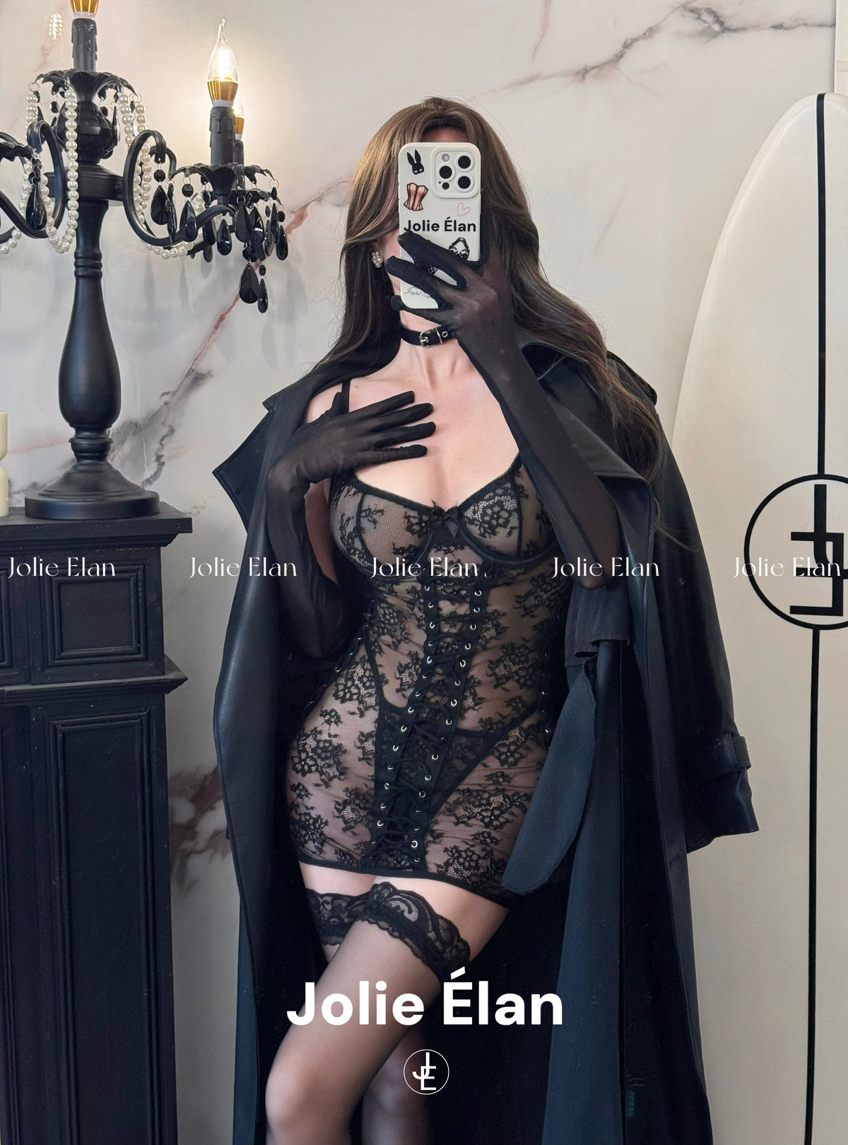 JolieElan Smith Couple Sexy Lace Perspective Cross Strap Tight Gathering Lingerie Set