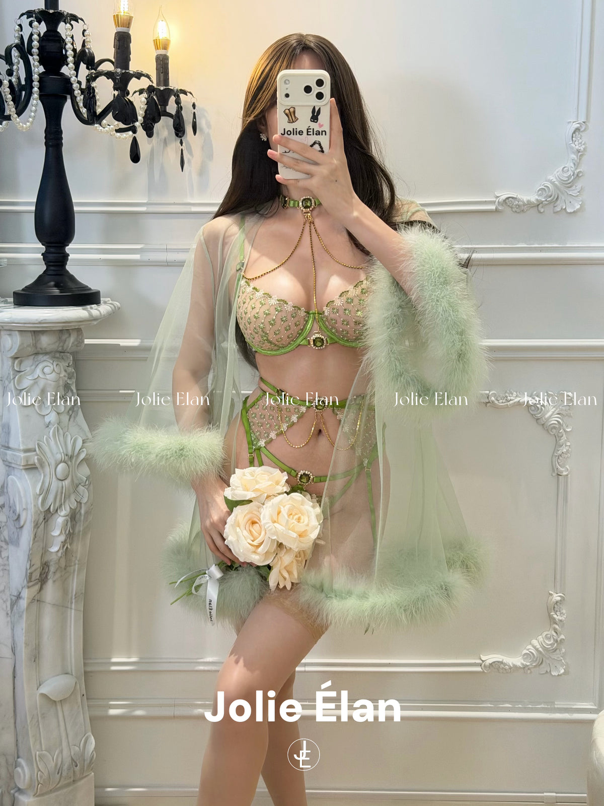 JolieElan Princess Jasmine French Sexy Luxury Gem Chain Embroidered Perspective Underwear Set