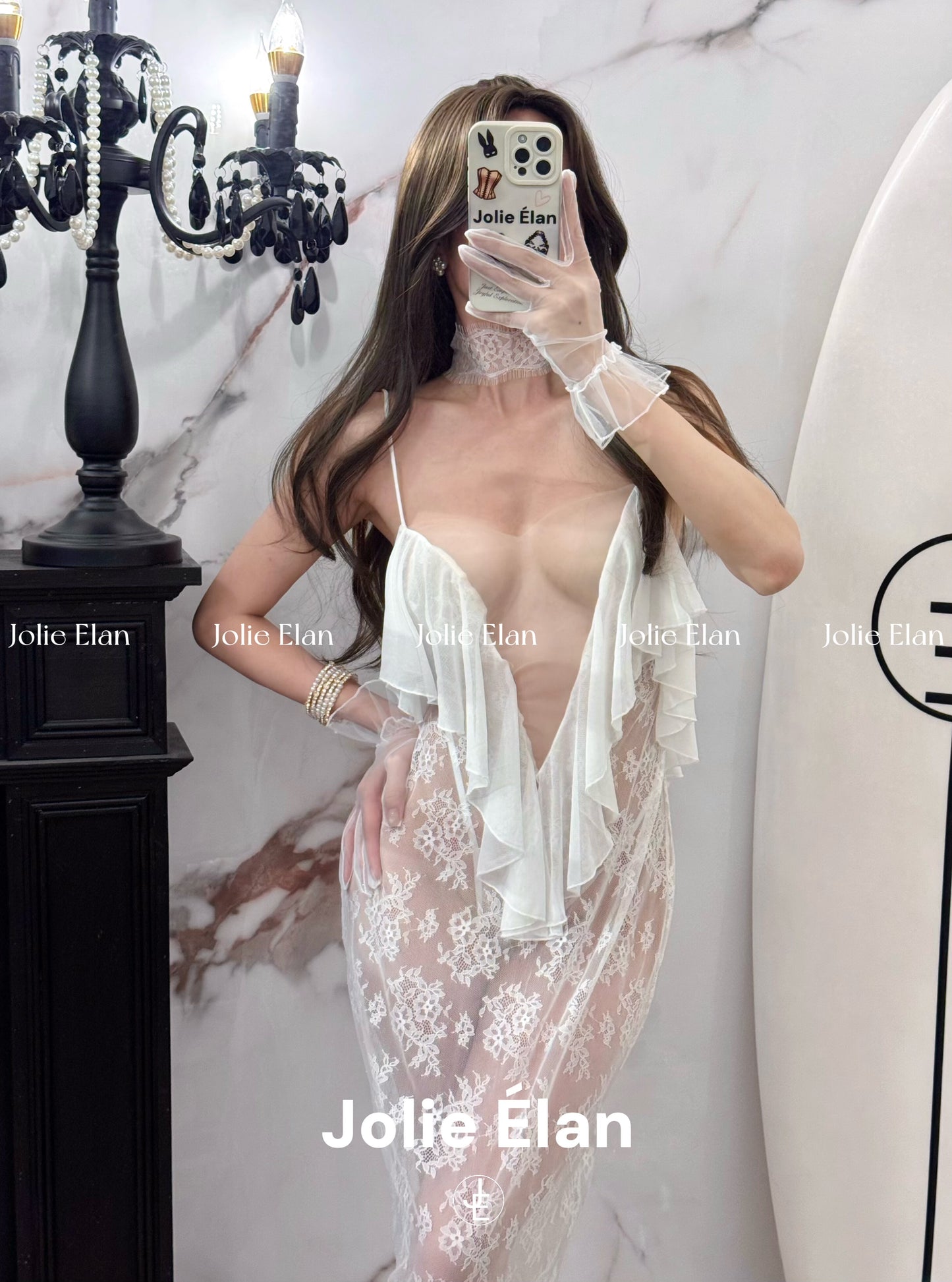 JolieElan · Lost in the world · Sexy deep V mesh stitching lace perspective lazy French underwear set