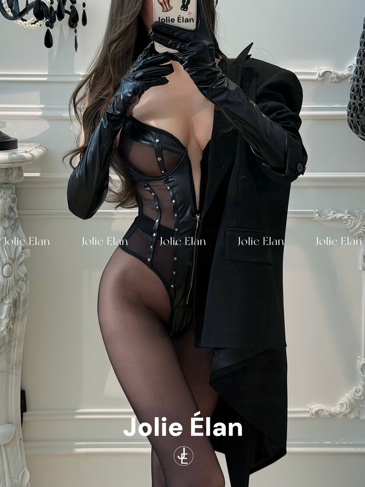JolieElan · Nocturnal Animal · Sexy Royal Sister Deep V Perspective Spice Girl PU Leather Premium One-piece Lingerie Set