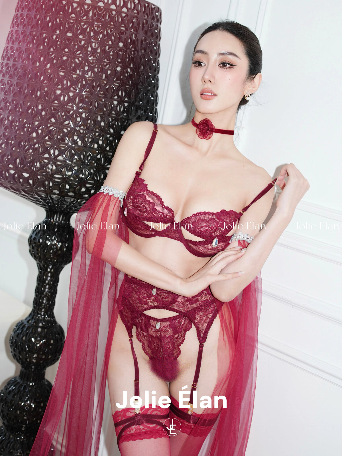 JolieElan · Cherry sweet wine · Royal sister atmosphere lace diamond decoration shows Baijiu red high-end underwear set