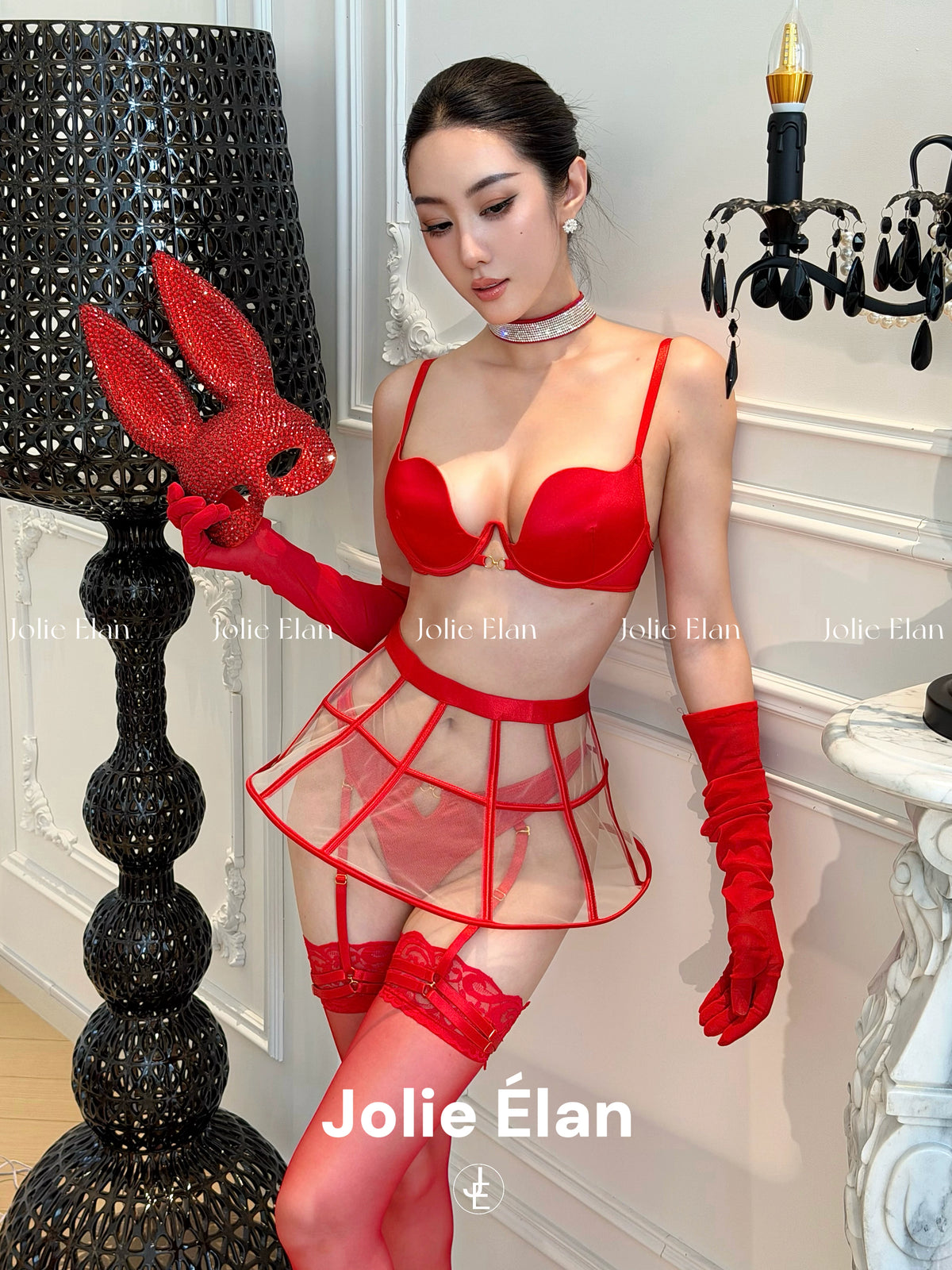 JolieElan · Red Flame Ballet · French Sexy Red Mesh Perspective Fishbone Premium Underwear Set