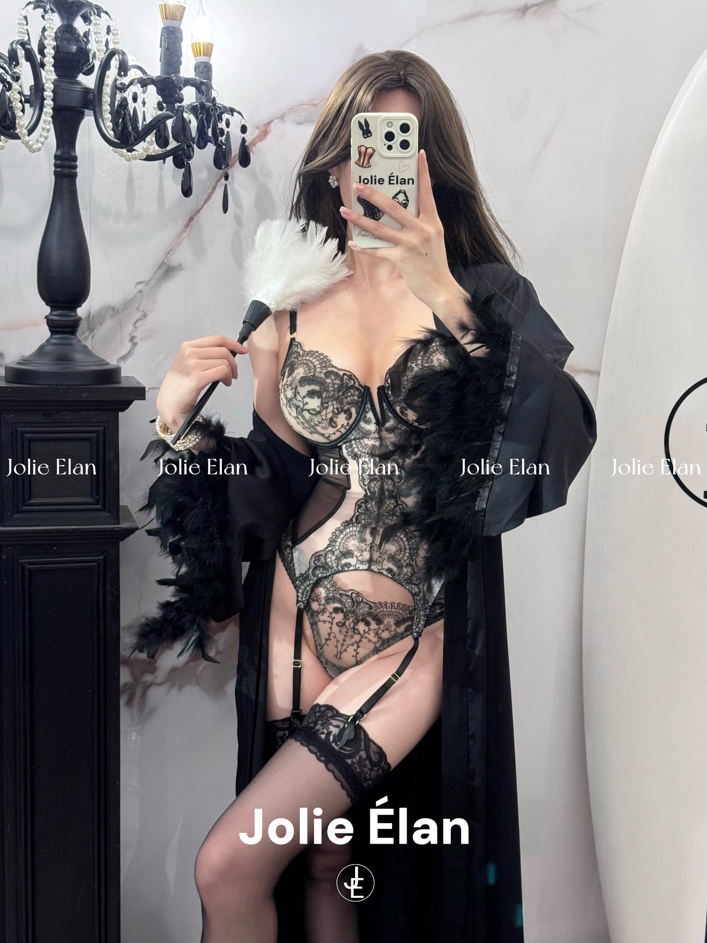 JolieElan · Dark Night Rose · French Lace Mesh Embroidery Sexy Perspective Gathering Underwear Set