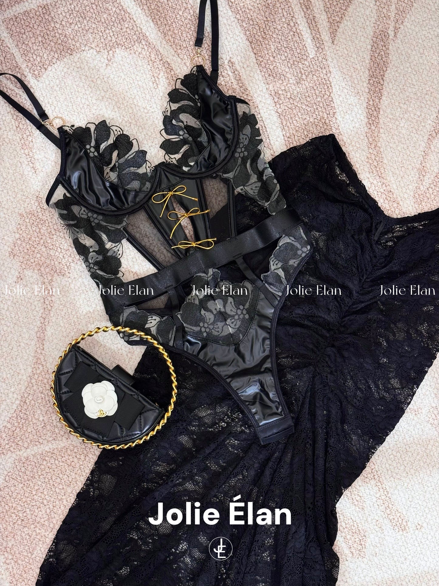 JolieElan · Can't Quit You · Sexy Lace Splicing Leather Fishbone One-piece Gathering Underwear Set