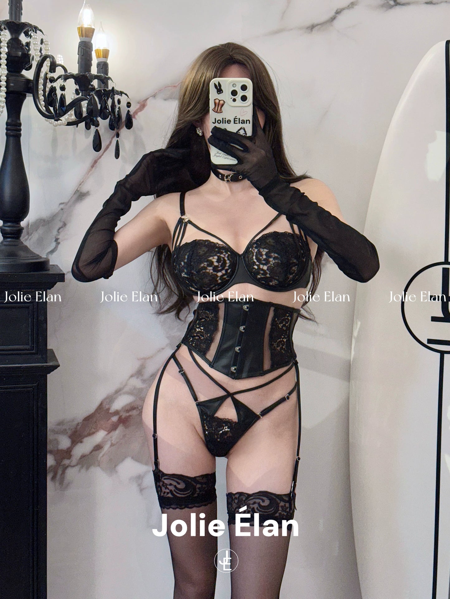 JolieElan · Sweet Spy · French Lace Sexy Fish Bones and Leather Gathering Waist Underwear Set