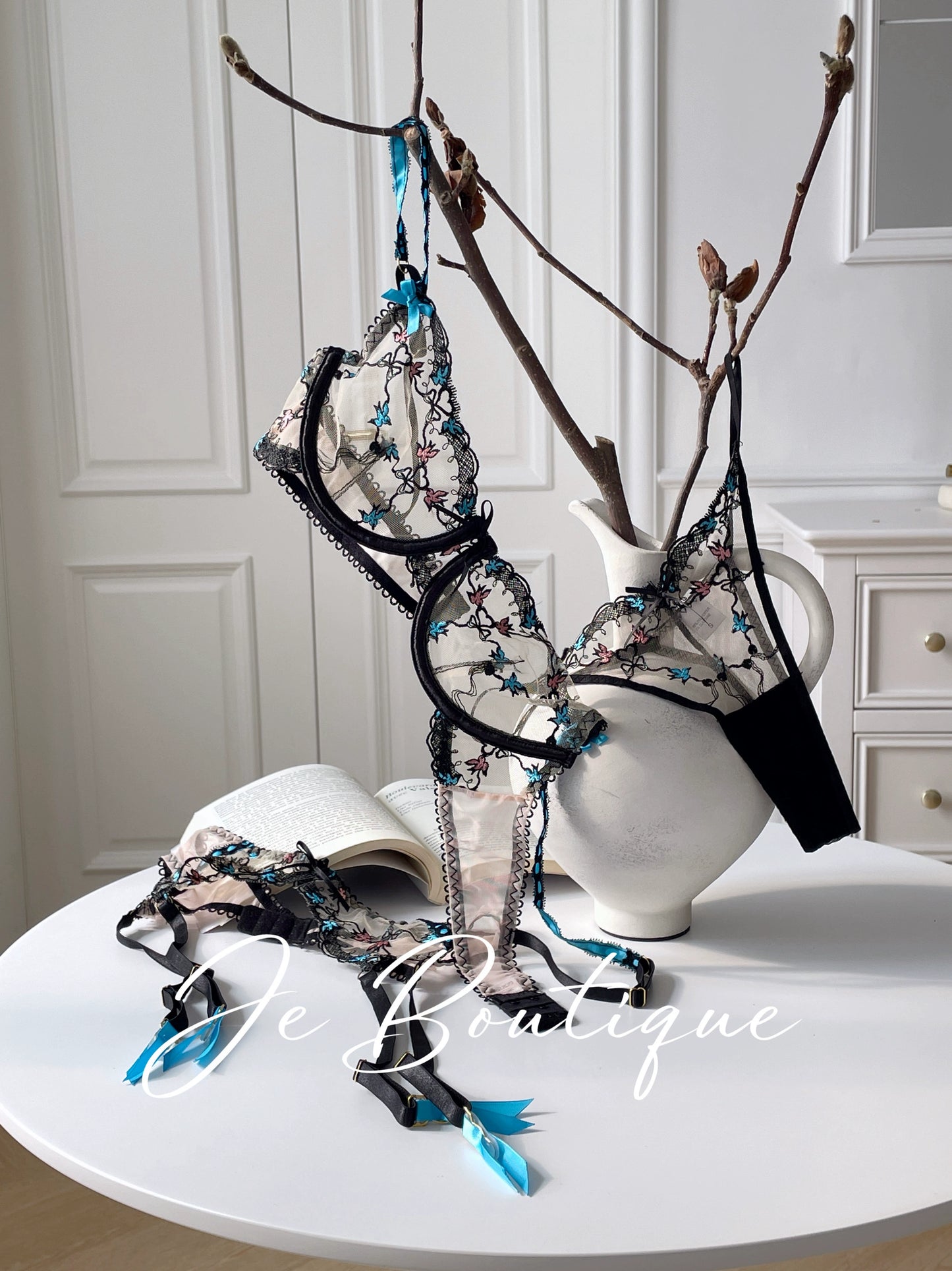 JolieElan · Throbbing · French Lace Embroidered Mesh Sexy Pure Lust Underwear Set