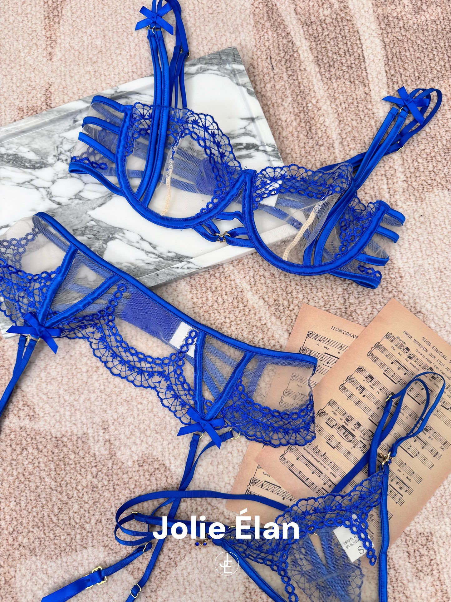 JolieElan · Sea Blue Heart · Sexy Mesh Embroidery Lace Perspective Premium French Underwear Set