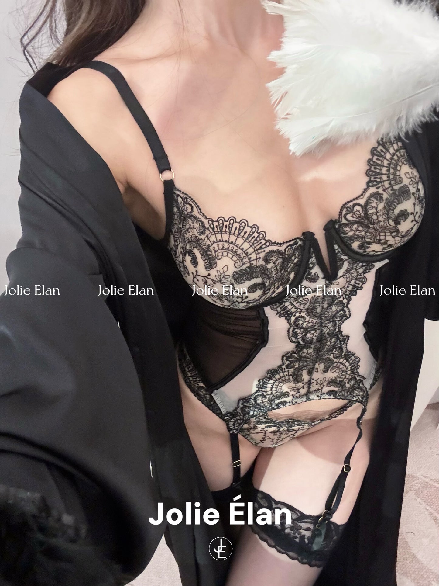 JolieElan · Dark Night Rose · French Lace Mesh Embroidery Sexy Perspective Gathering Underwear Set