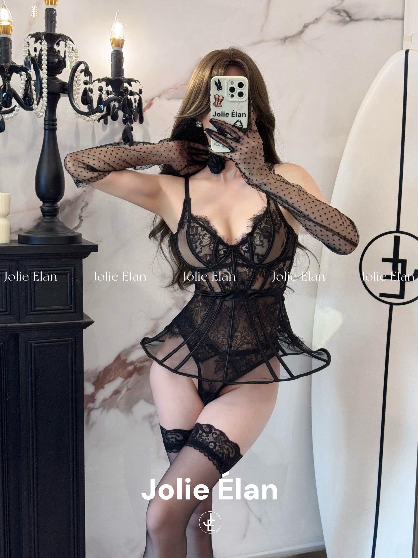JolieElan · Black Swan · French Lace Mesh Perspective Ballet Girdle Fishbone Sexy Underwear Set