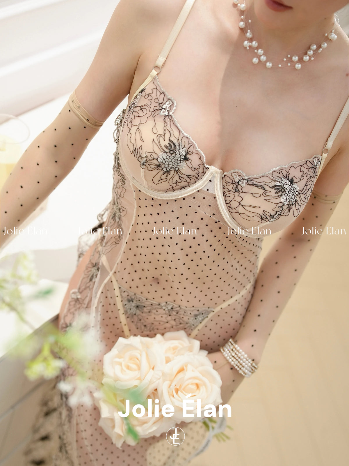 JolieElan · Dreaming of Dreams · Sexy Royal Sister Polka Dot Embroidery Perspective Slits Premium Underwear Set