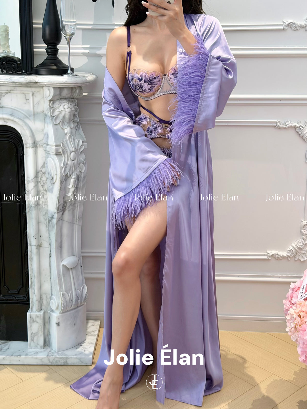 JolieElan Provence French Sexy Purple Lace Embroidered Strap Premium Lingerie Set
