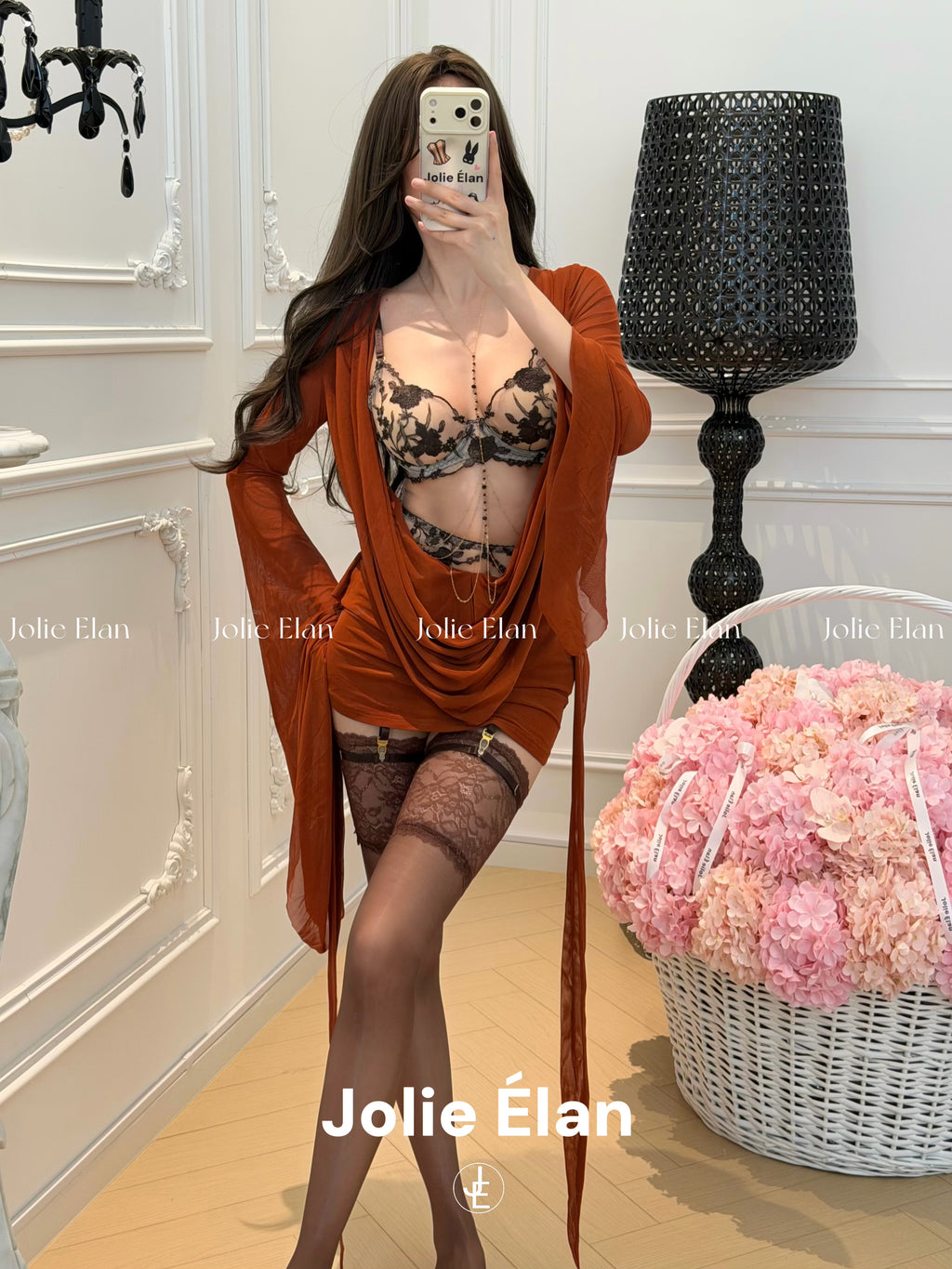 JolieElan · Love Black Qiao · Brown Rose French Sexy Embroidery Perspective Premium Underwear Set