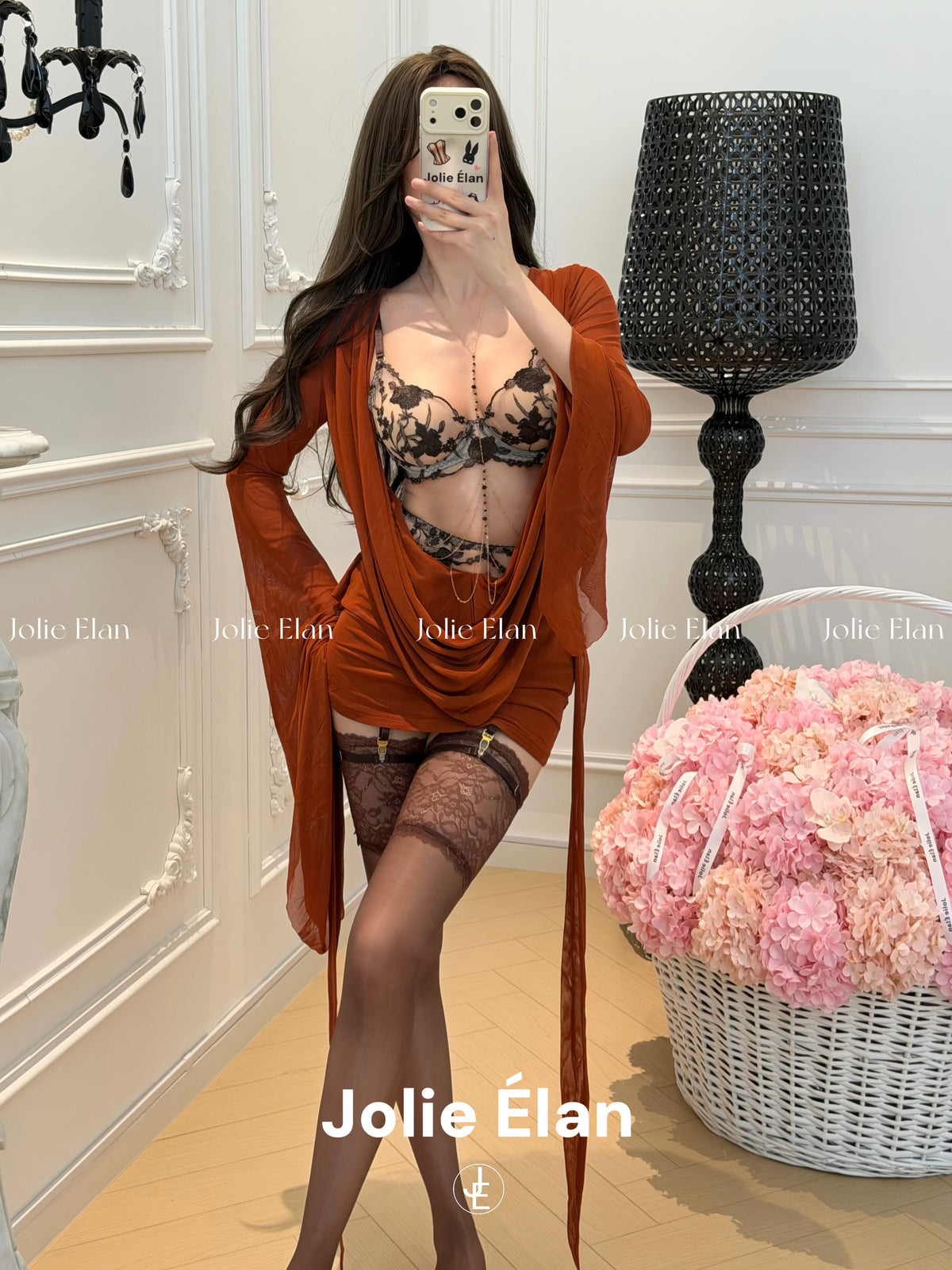 JolieElan · Love Black Qiao · Brown Rose French Sexy Embroidery Perspective Premium Underwear Set