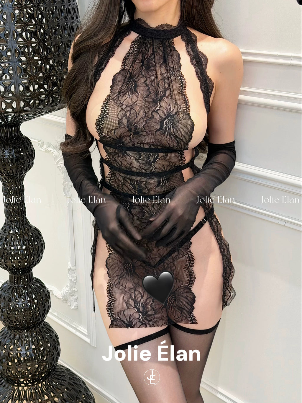 JolieElan · Sister Haoyu · Sexy lace perspective split fork hollow French dating one-piece underwear cover