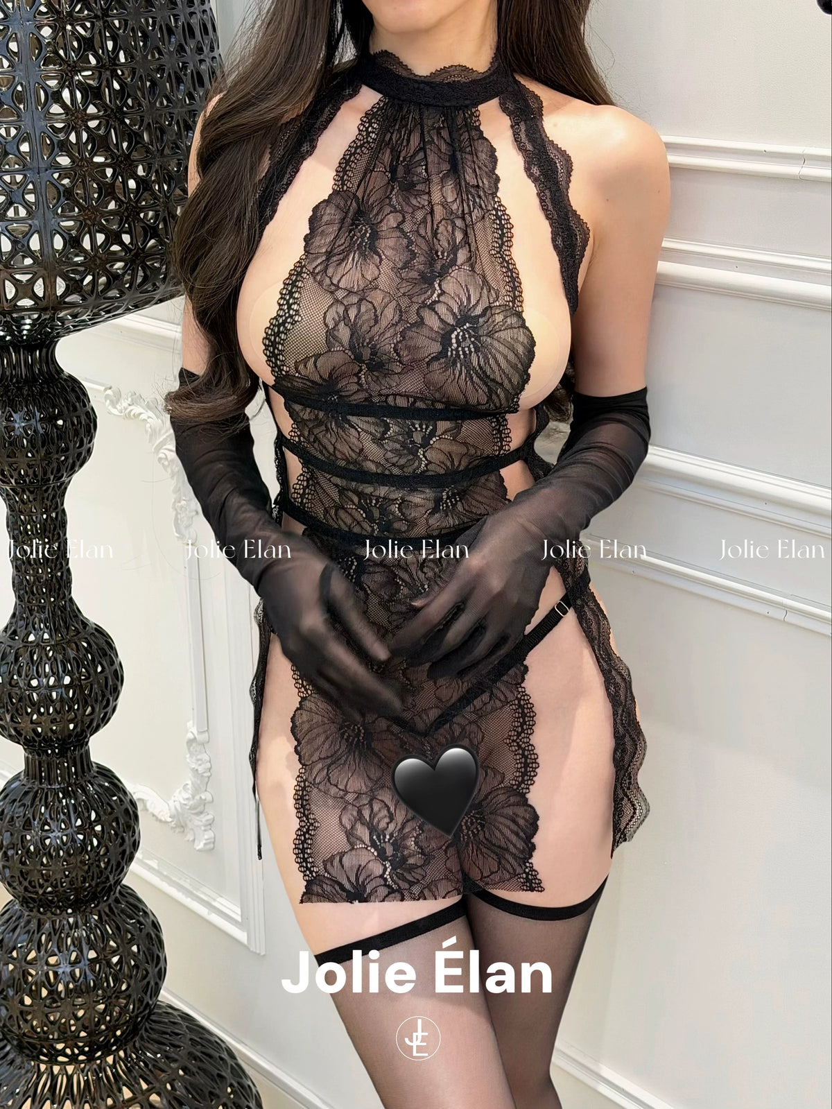 JolieElan · Sister Haoyu · Sexy lace perspective split fork hollow French dating one-piece underwear cover