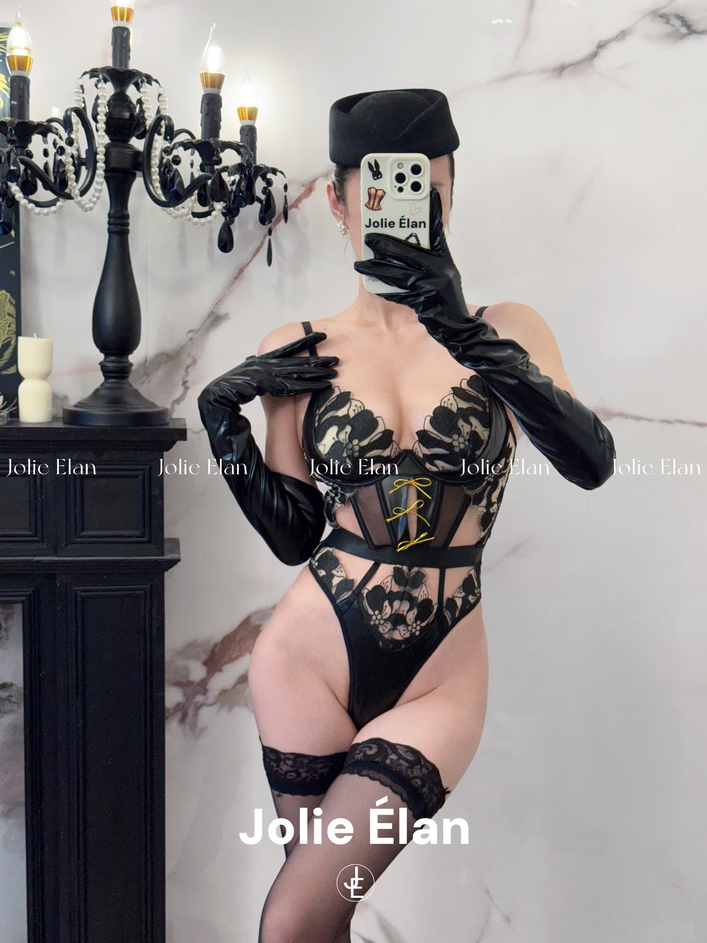 JolieElan · Can't Quit You · Sexy Lace Splicing Leather Fishbone One-piece Gathering Underwear Set