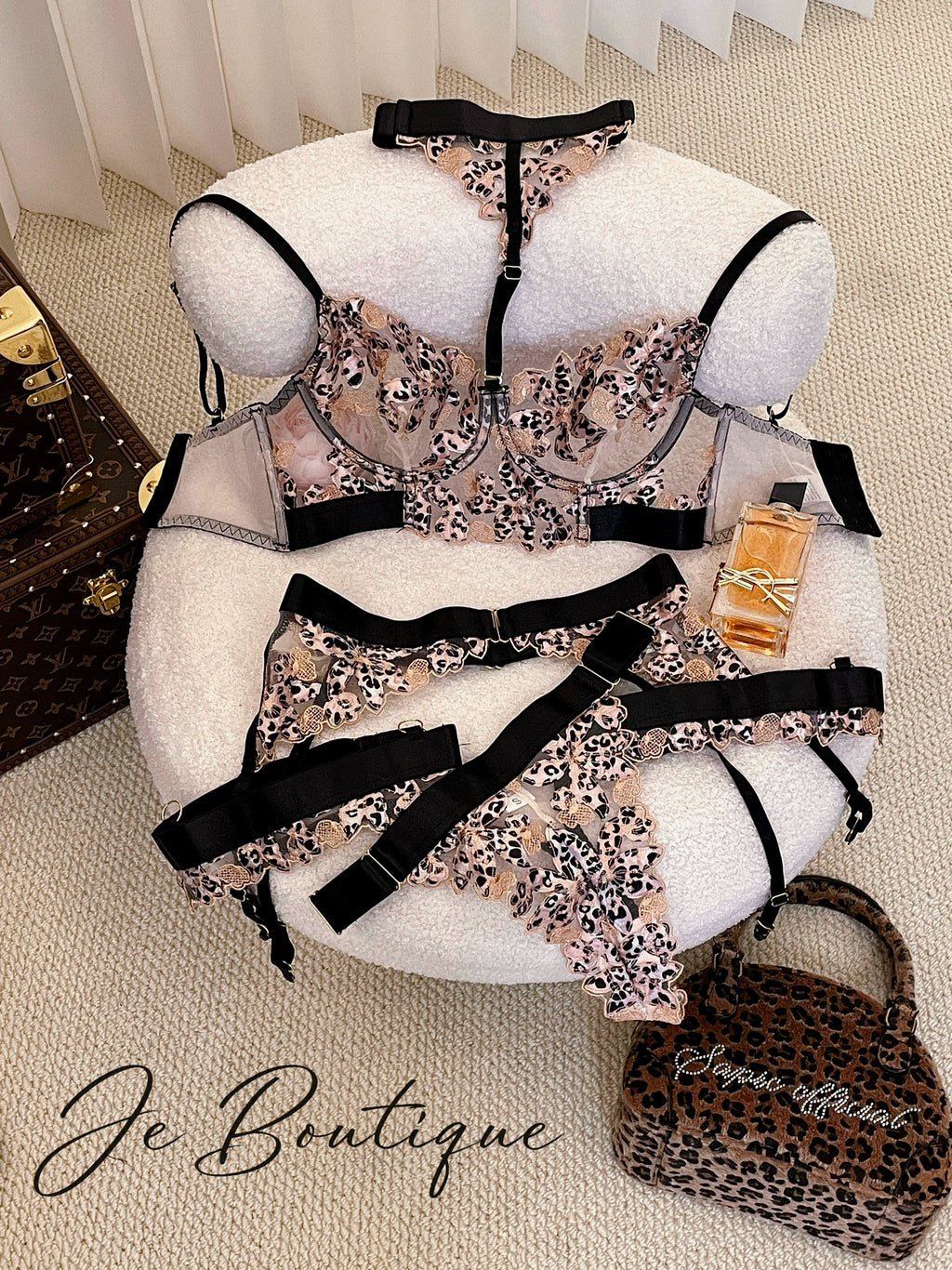 JolieElan · Greedy · ins Leopard print lace mesh plus size gather sexy perspective underwear set